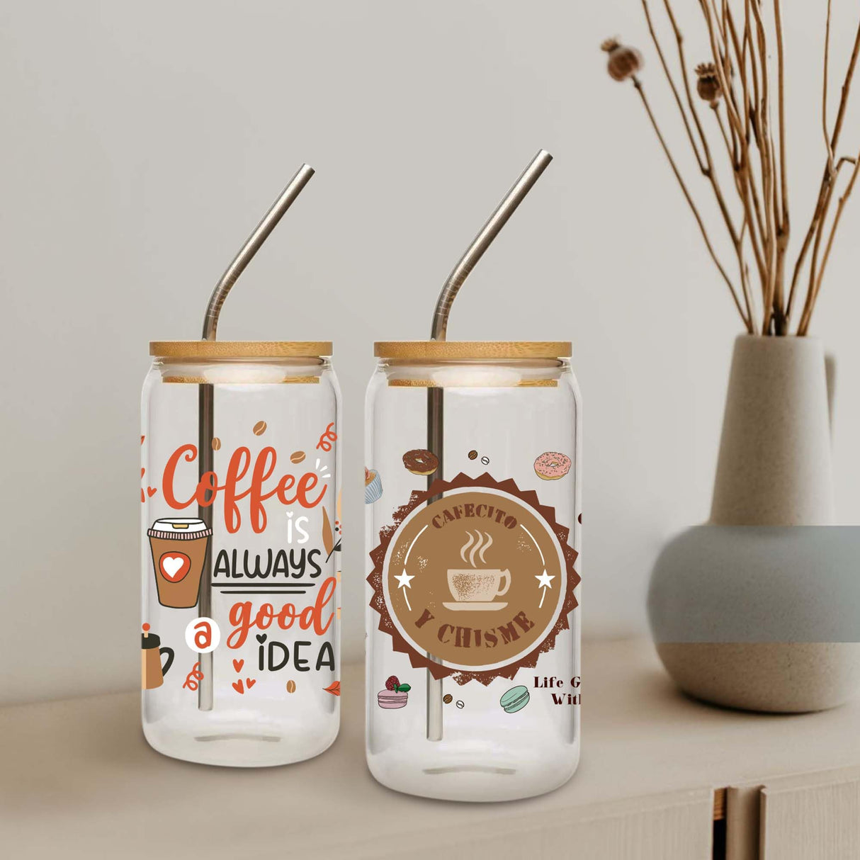 UV DTF Cup Wraps Transfer - 8 Sheets Coffee UV DTF Transfer Sticker for 16 OZ Glass, Coffee Dessert Love Icecream Bread Design, Ready to Press, Waterproof DIY Crafts CRASHOT