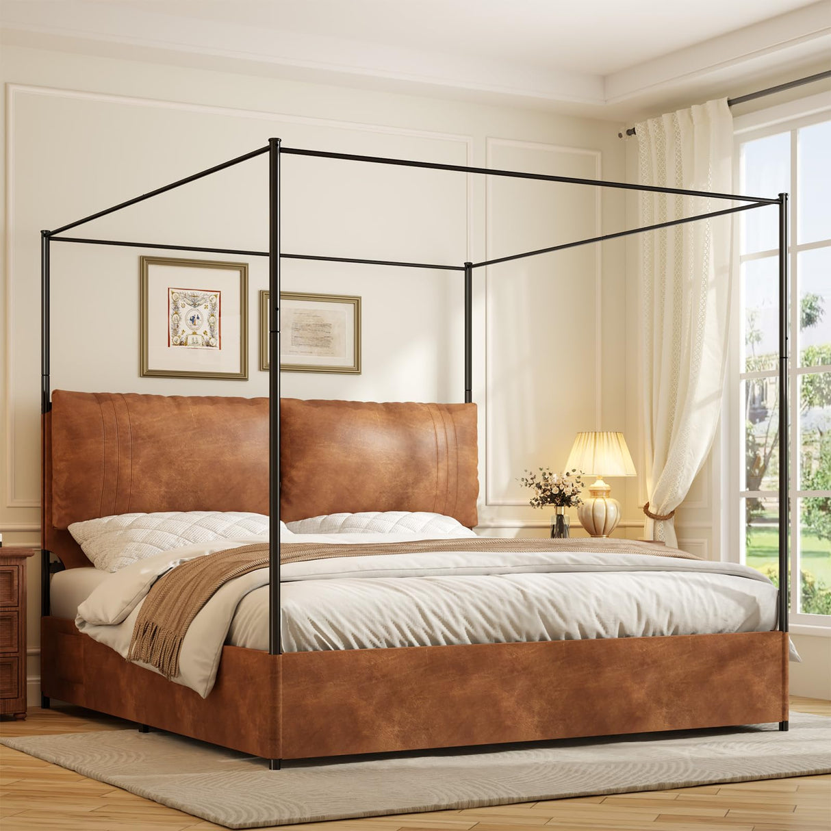 Modern Canopy Bed Frame with Upholstered Faux Leather Headboard – Tall Four Poster Metal Platform Bed, No Box Spring Needed, King Size, Brown and Black SAMTRA