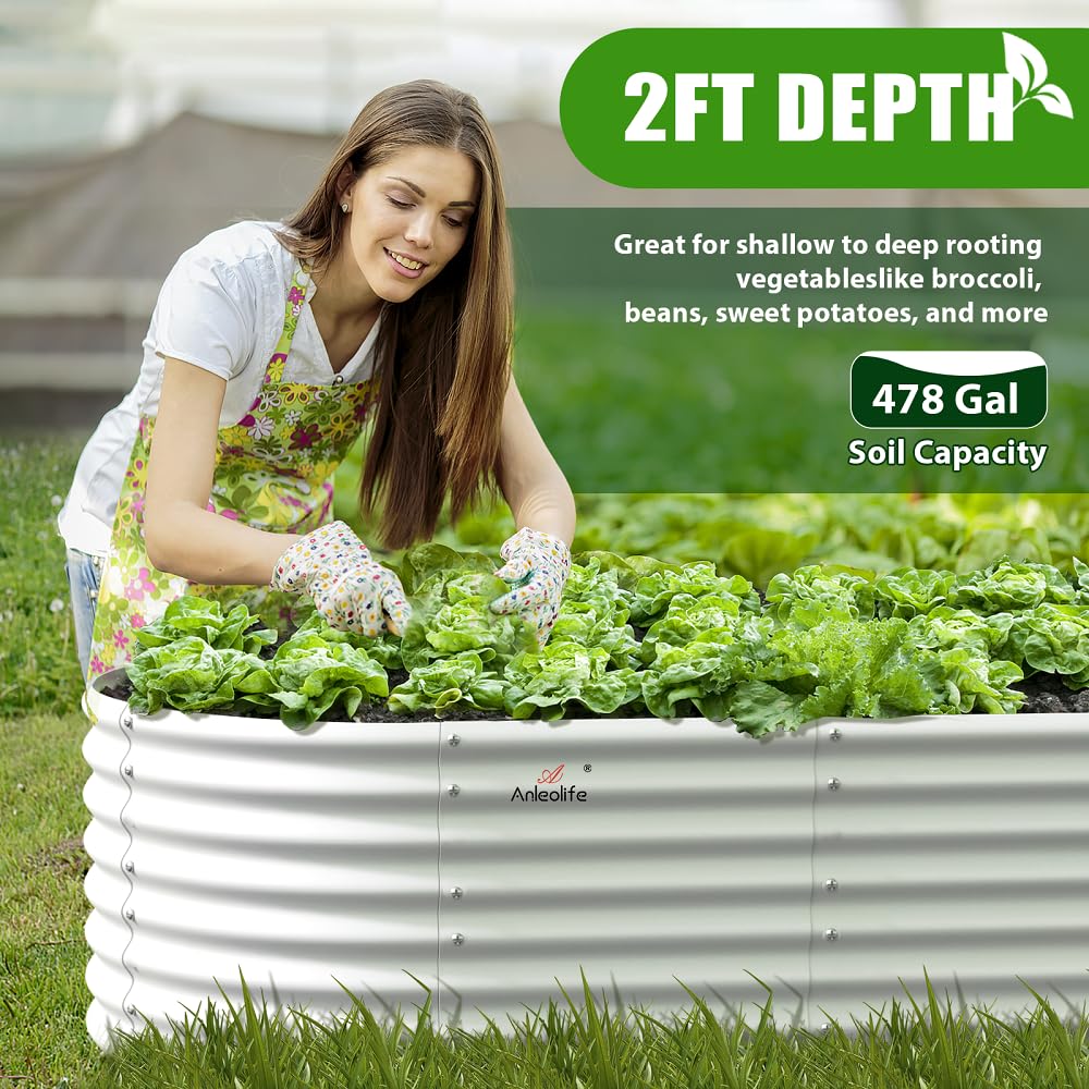 A ANLEOLIFE 8x4x2ft Galvanized Raised Garden Bed Kit, Oval Metal Deep Root Planters for Outdoor Plants Vegetables Flowers Herb, Large Bottomless, 478 Gallon Capacity- Antique White A ANLEOLIFE