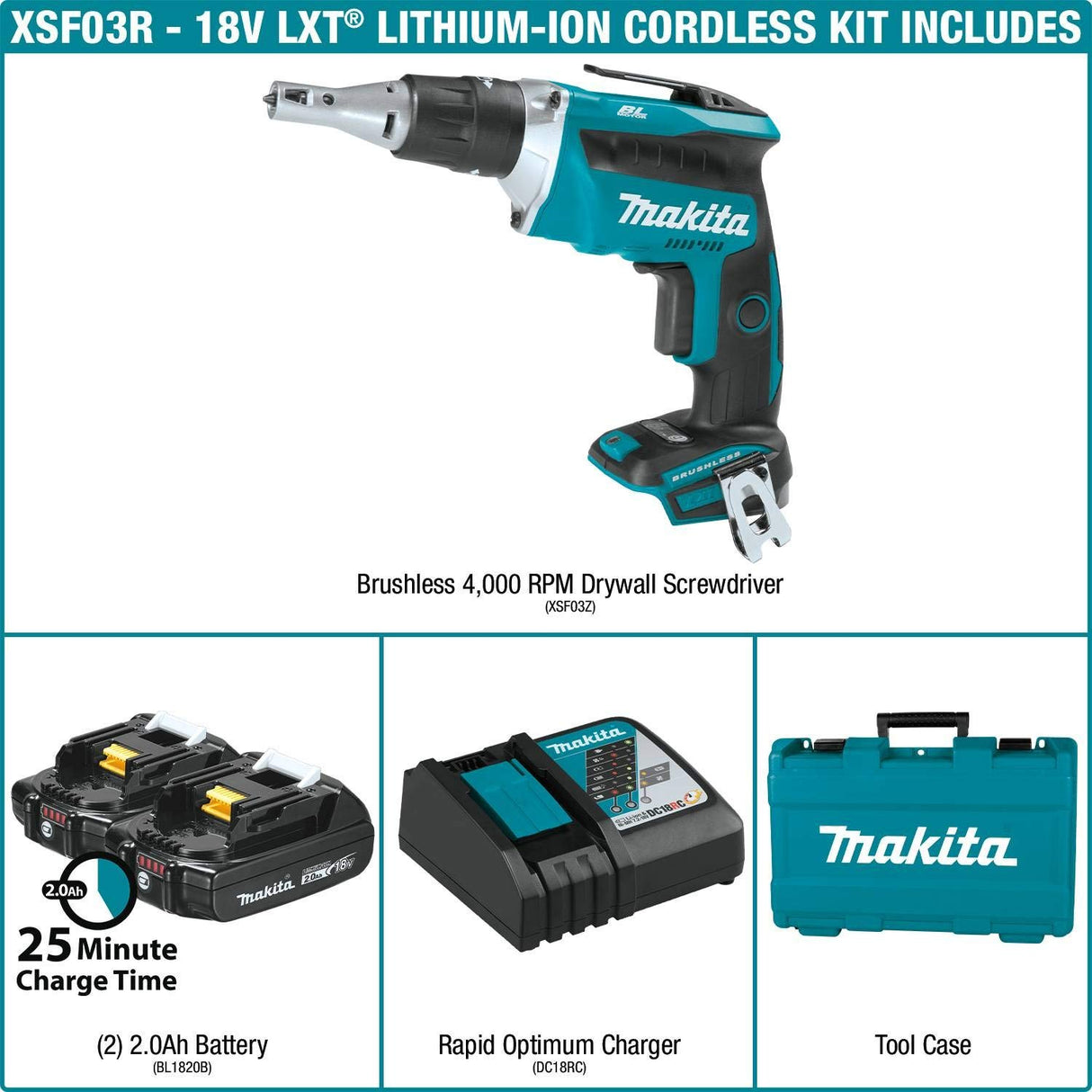Makita XSF03R 18V LXT Lithium-Ion COMPACT Brushless Cordless Drywall Screwdriver Kit (2.0Ah) Makita