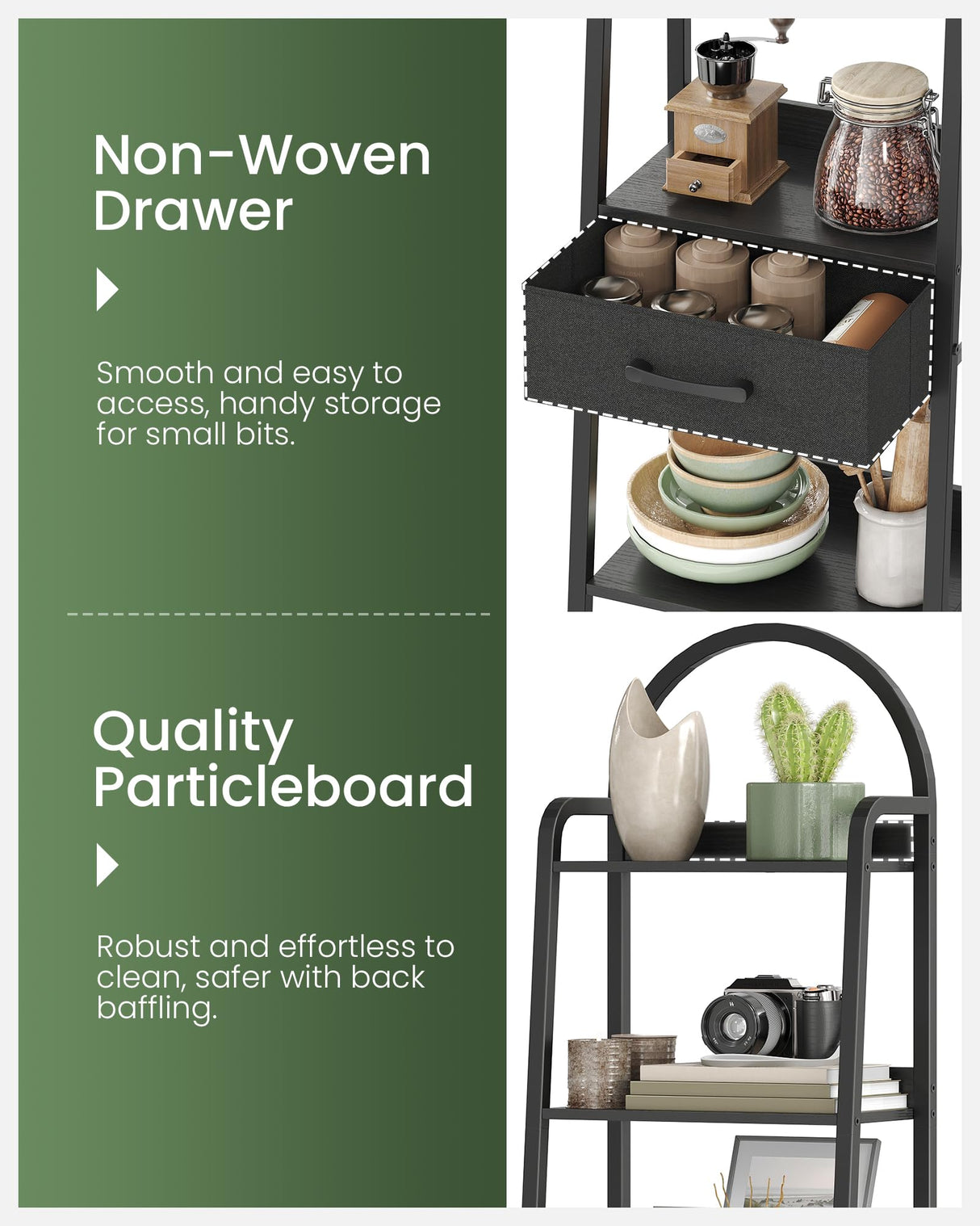 CHOEZON 5 Tier Ladder Shelf with Drawer, Tall Ladder Bookshelf, Standing Bookcase with Metal Frame for Living Room, Bathroom, Home Office, Study, Balcony, Black TCJ07BB