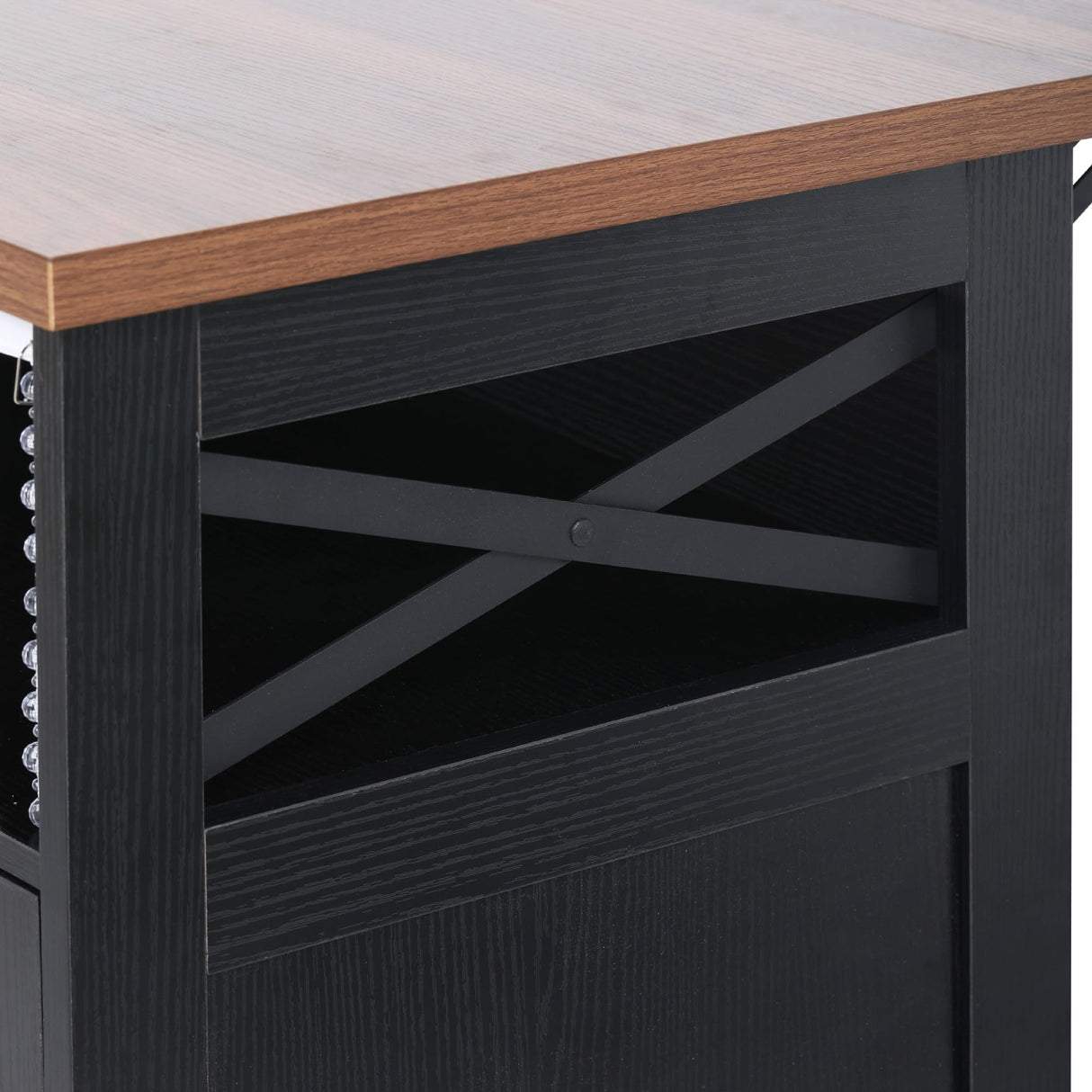 XD Designs 46.5'' Farmhouse Kitchen Island with Power Outlet and Drop Leaf, Wood Rolling Kitchen Cart on Wheels with 3 Doors, 3 Drawers, Drape of Beads and Internal Iron Shelf (Black-3.19) XD Designs