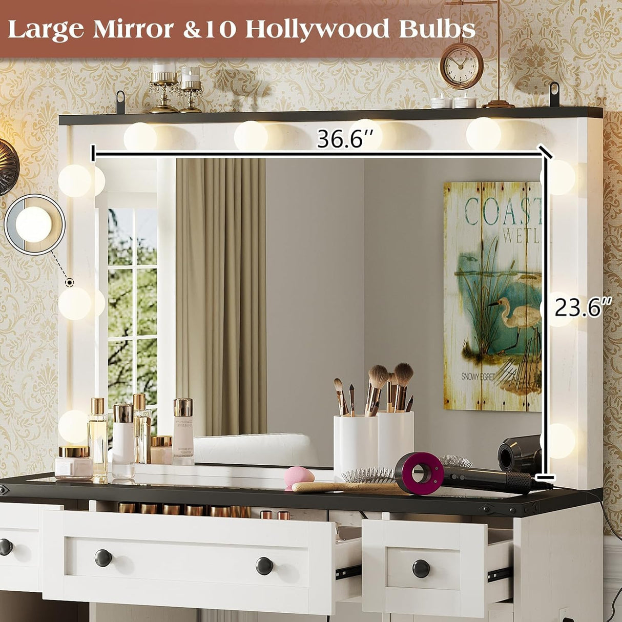 LUXOAK 43" Farmhouse Makeup Vanity Desk with Mirror, Lights, Power Outlet, Glass top Vanity with Storage Drawers & Adjustable Shelves, Hollywood Vanity for Bedroom, Girls, Womens, White LUXOAK