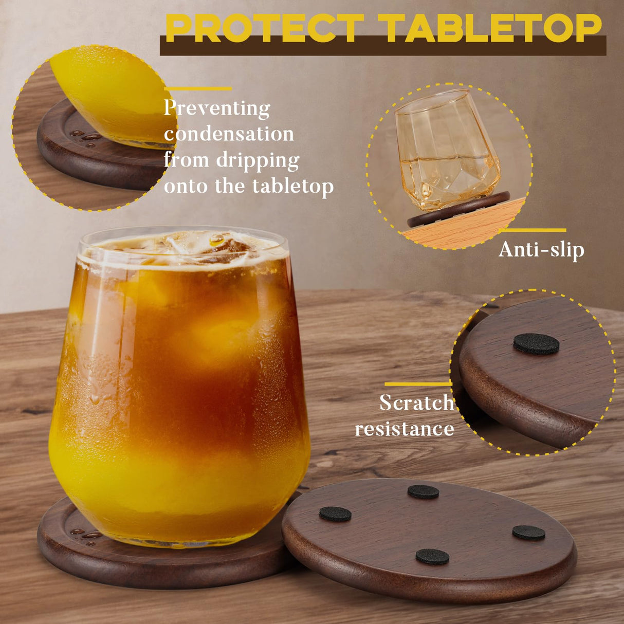 Wood Coasters with Holder, GOH DODD Set of 6 Wooden Coaster Set for Drinks Desk Coffee Table Home Kitchen Office Bar, Tabletop Protection Living Room Decor, Walnut Coasters, 3.6 Inch GOH DODD