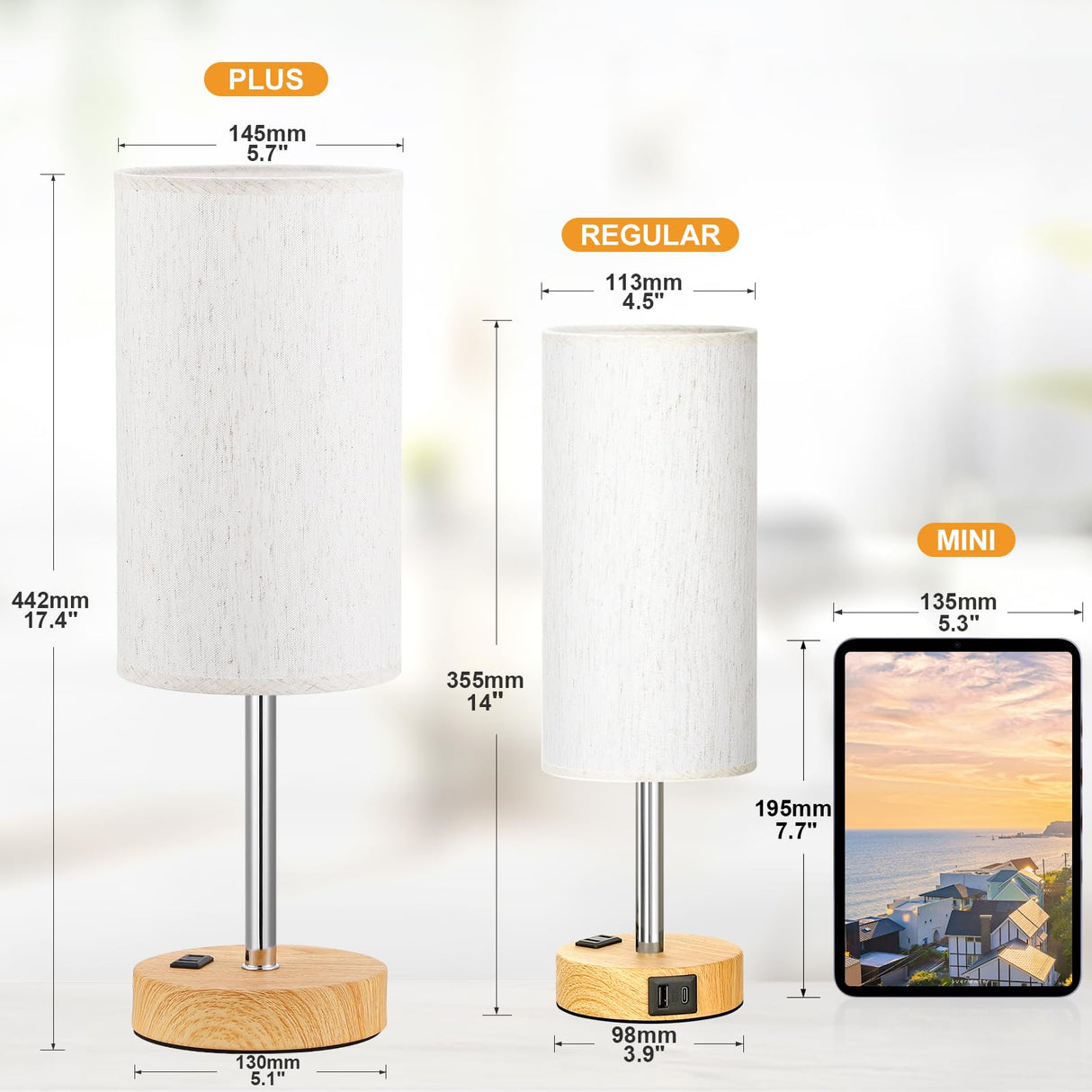 Fenmzee Touch Table Lamp - Cream, 3-Way Dimmable, USB A + C Charging, AC Outlet, 17.4inch Medium, Wood Grain Base Fenmzee