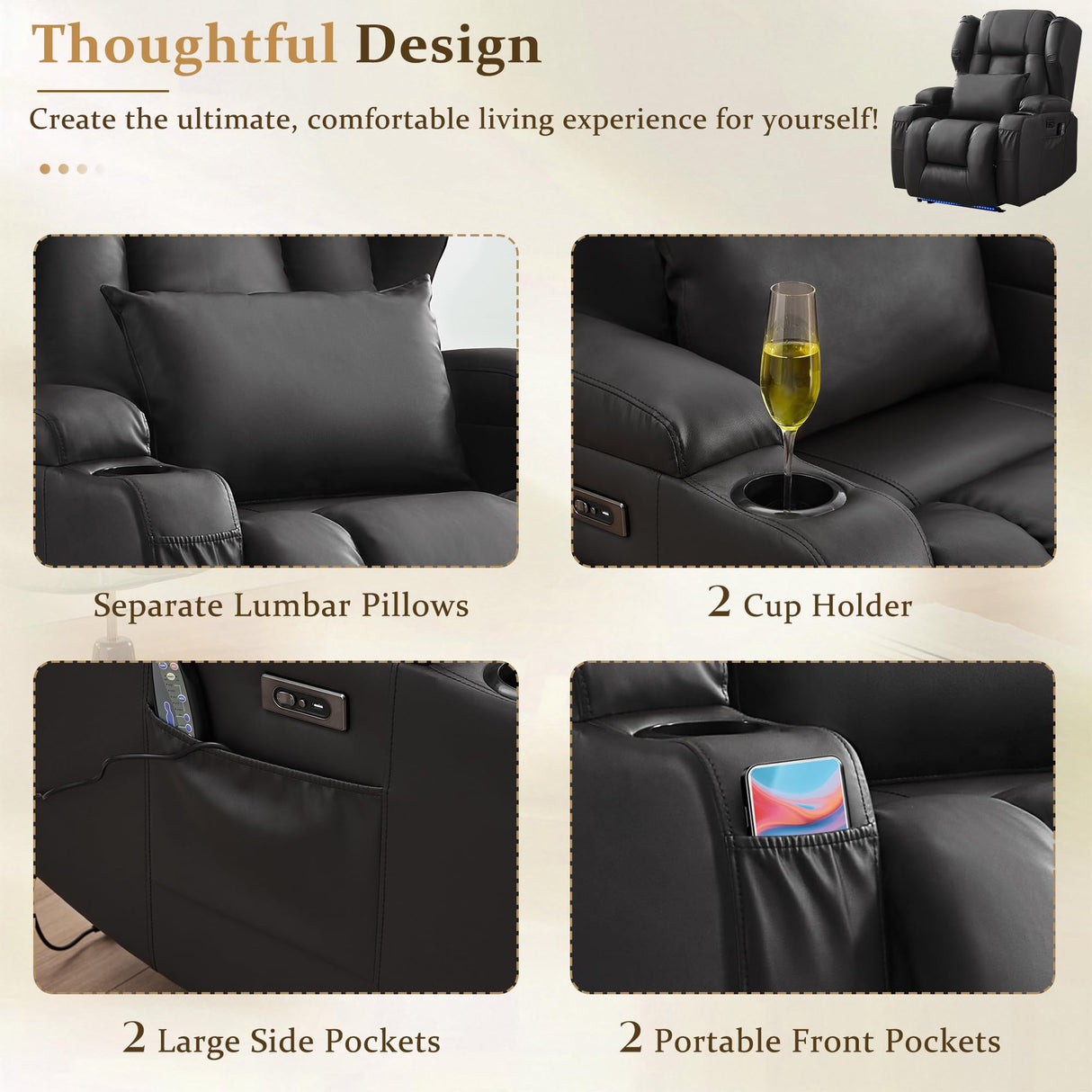 URRED Recliner Chair for Adults, Power Reclining Sofa Chair Home Theater Seating with Vibration Massage and Heat, LED Ambient Light, USB Ports, Cup Holders, Side Pockets (Black) URRED