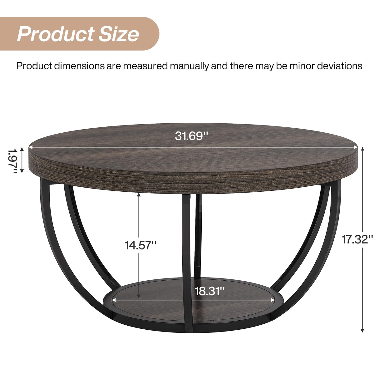 Tribesigns Round Coffee Table, 31.7" Wooden 2-Tier Circle Coffee Table with Storage Shelves, Modern Accent Cocktail Table Center Table for Living Room, Grey