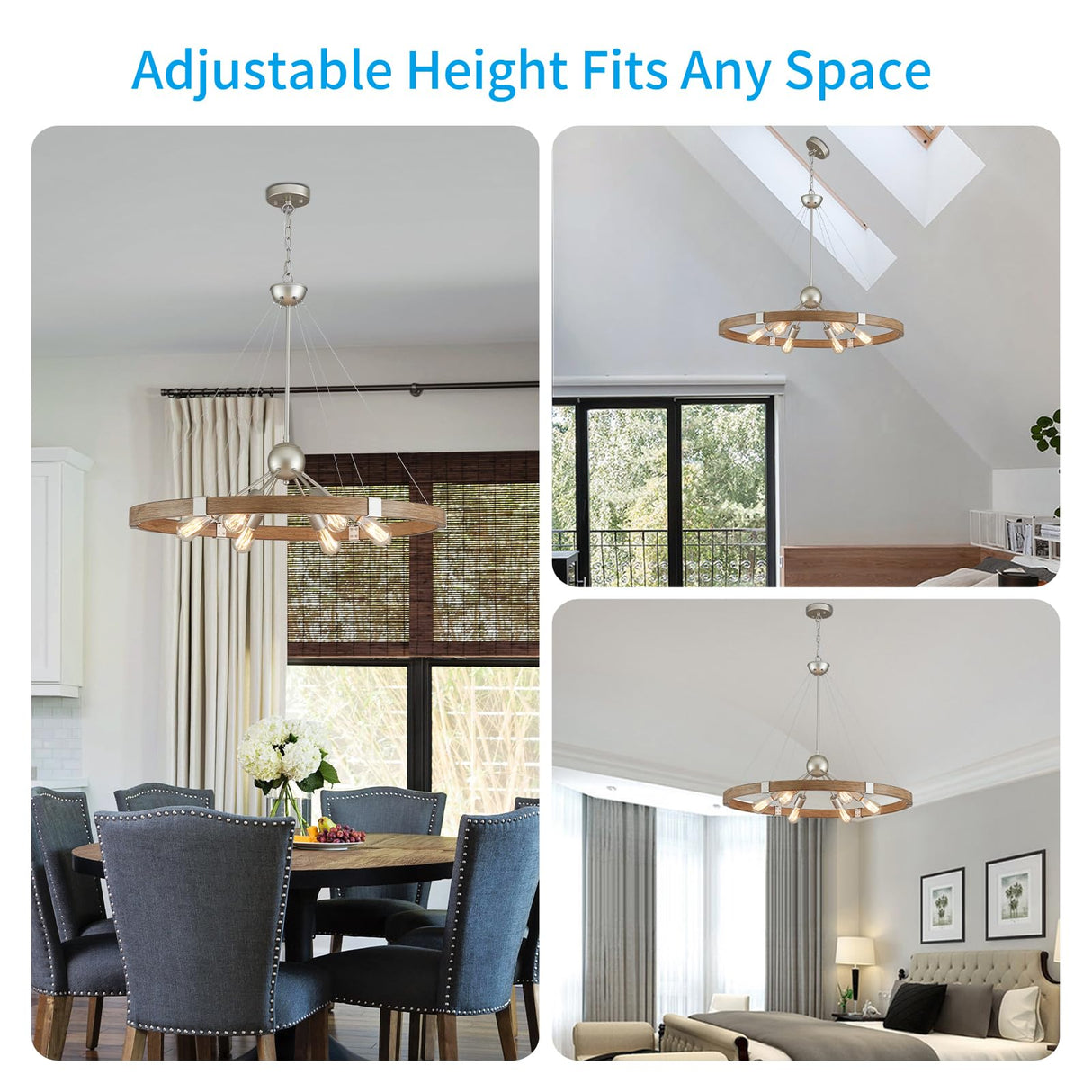 XINGQI Wagon Wheel Chandelier Modern Rustic Large Round 6-Lights Nickel & Wood Grain Finish Retro Ceiling Pendant Light Fixture for Dining Room Living Room XINGQI