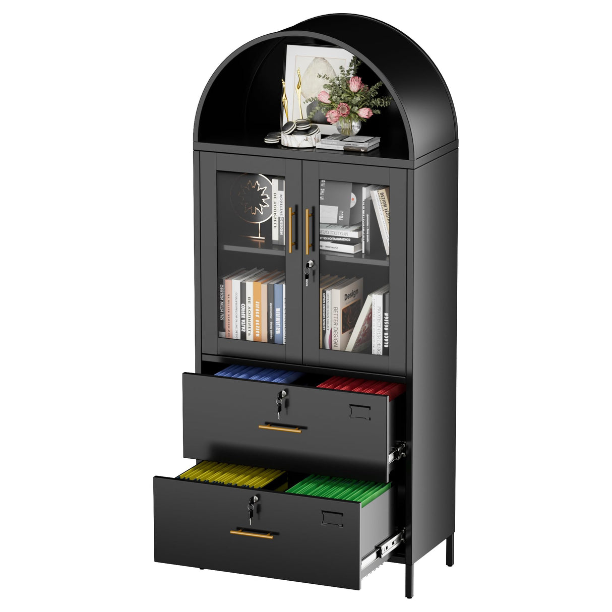 GangMei 2 Drawer Lateral File Cabinets for Home Office, 73 inch Tall Metal Arch Cabinet with Locking Glass Doors, Black Arched Bookcase with Drawers for A4/Letter/Legal File(Assemble Required) GangMei