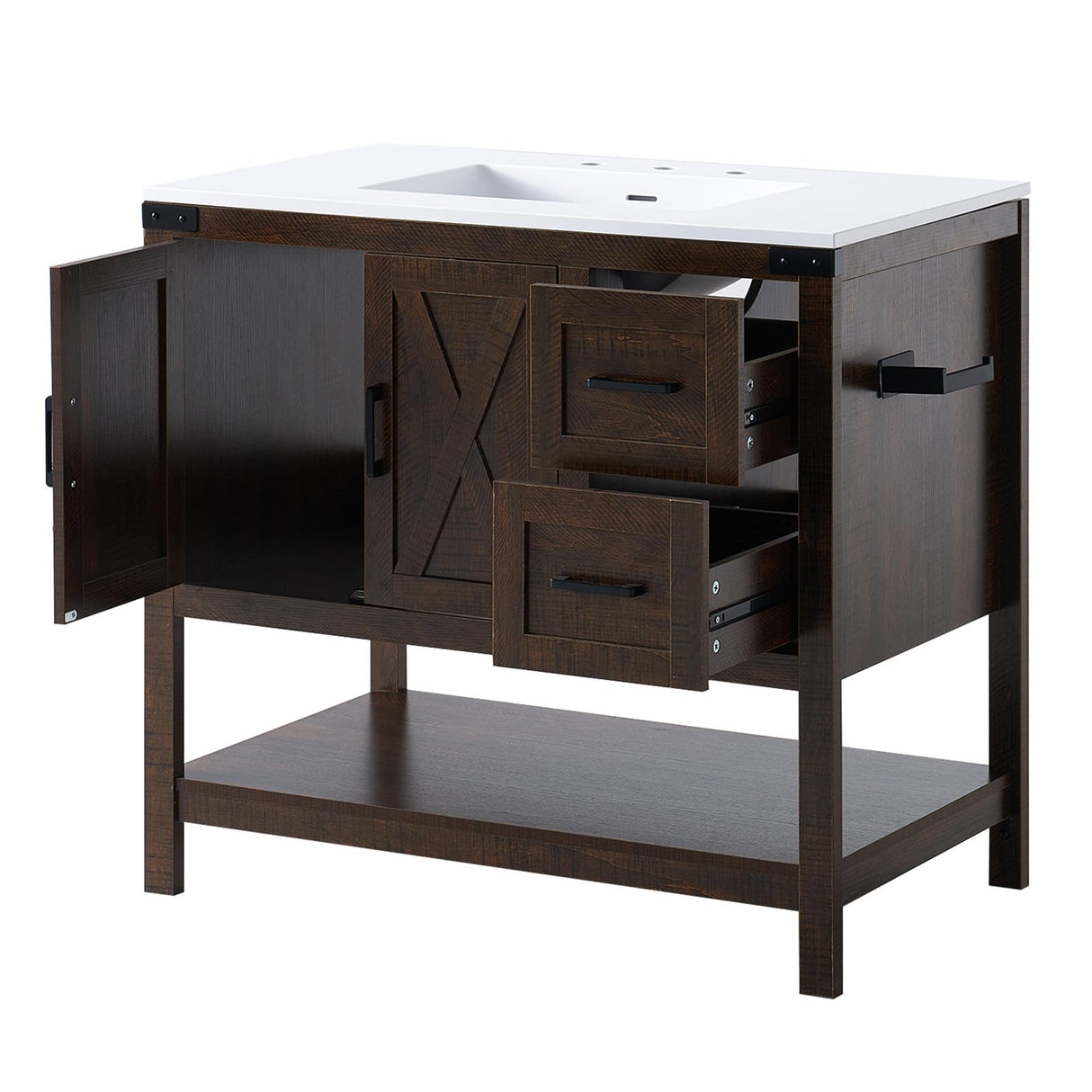 AMERLIFE 36" Farmhouse Bathroom Vanity with Sink Combo, Freestanding Small Single Wood Barn Door Bath Storage Cabinet Set with Sliding Drawers & Open Shelf, Paper Towel Holder, Rustic Brown AMERLIFE
