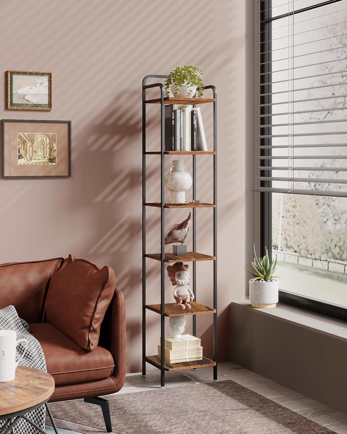 Hzuaneri Bookcase Bookshelf, Narrow Book Shelf, Industrial Corner Shelf Storage Organizer, Slim Shelving Unit for Home Office, Living Room, Bedroom, Kitchen, 6-Tier Rustic Brown and Black BC24601B Hzuaneri