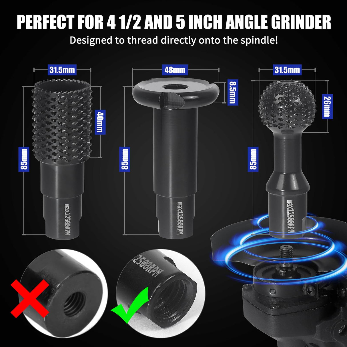 3 PCS Upgraded Wood Grinder Ball Gouge with 5/8-11 Thread for 4 1/2 and 5 Inch Angle Grinder Attachments, Power Carving Tools with Sphere Rotary Burr Carbide Steel Electric for Wood Hollowing Slotting Pomsare