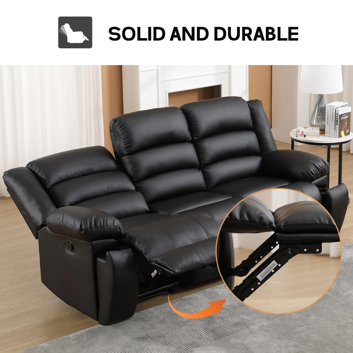 EBELLO Faux Leather Manual Reclining Sofa with 2 Concealed Cup Holders,Overstuffed Armrest 3 Seat Recliner Sofa, Couch for Living Room, Bedroom, Meeting Room, Black, Sofa EBELLO