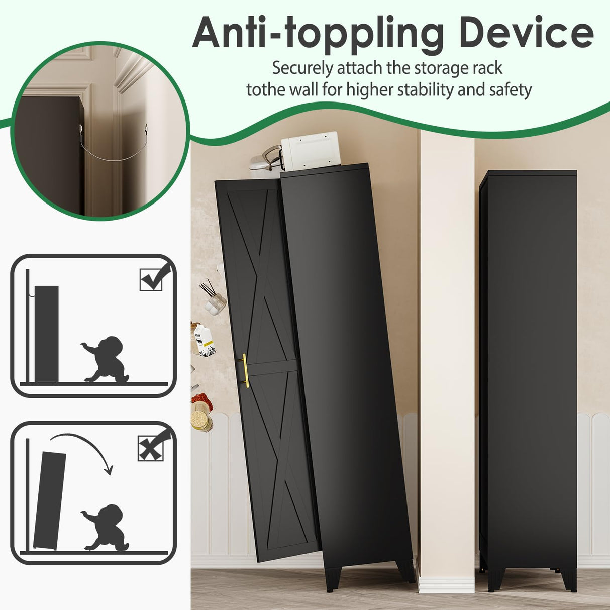 75" Tall Metal Kitchen Pantry Storage Cabinet with 2 Doors and 5 Adjustable Shelves, White Food Freestanding Cupboard for Kitchen, Dining Room, Bathroom and Garage (Black) pozdeg