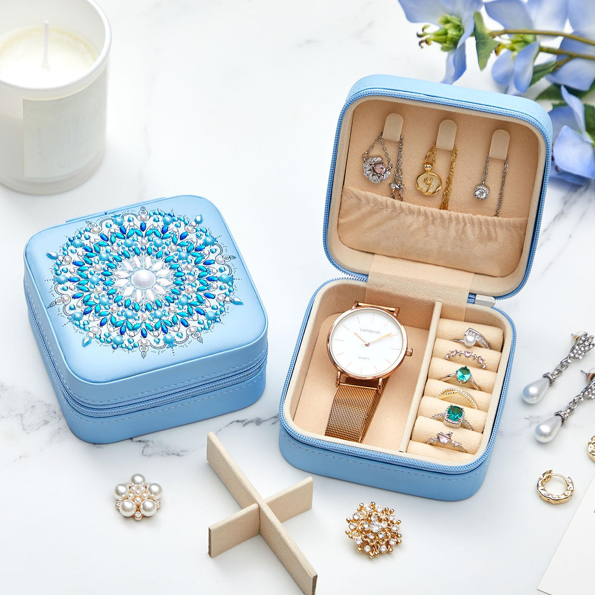 Hinly 2 Pcs Portable Diamond Painting Jewelry Storage Box Mandala Diamond Art Accessories Blue PU Leather Jewelry Ring Organizer Case Travel Jewelry Organizer Hinly