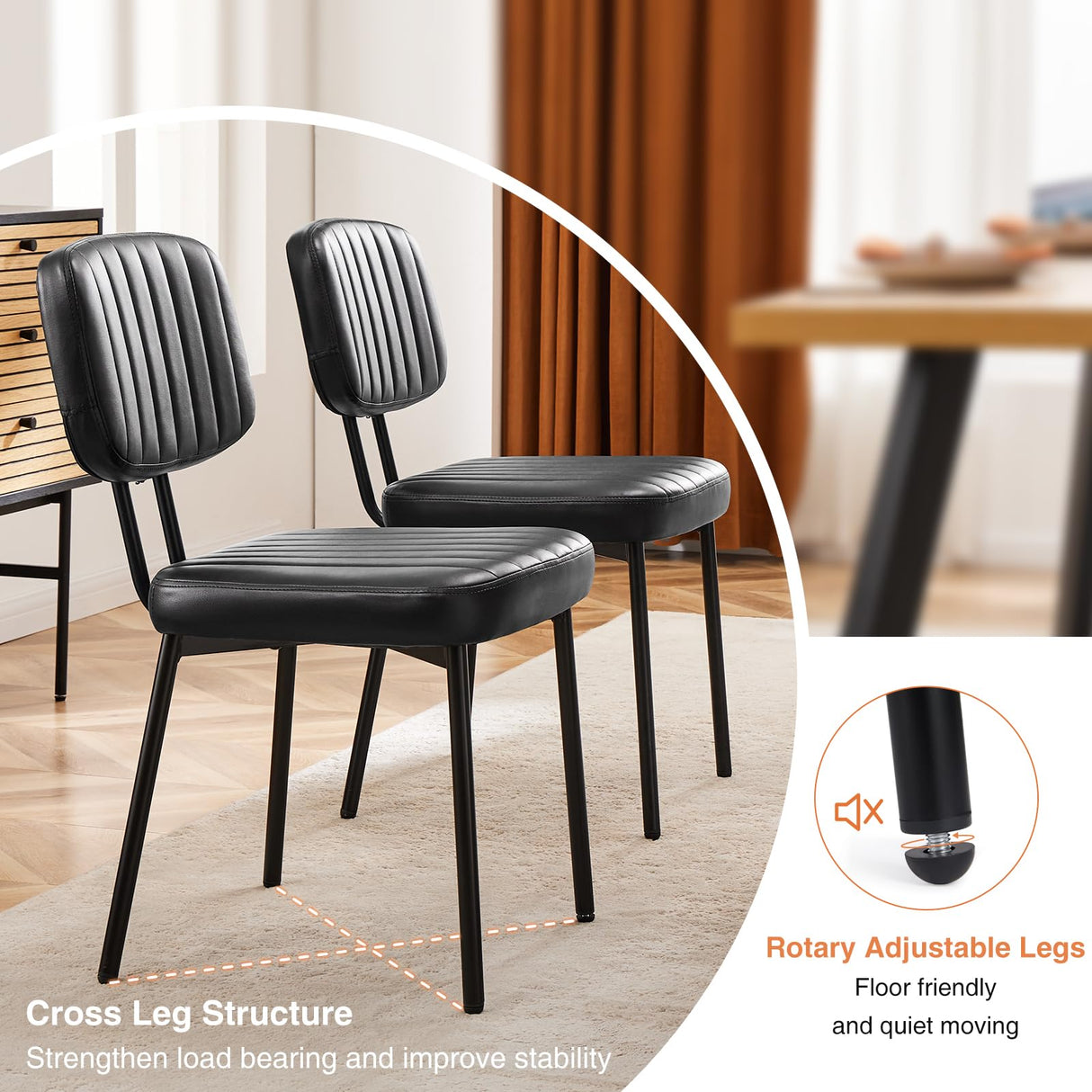Sweetcrispy Dining Chairs Set of 4, Upholstered Mid Century Modern Kitchen Dining Room Accent Chairs with Faux Leather Cushion Seat & Metal Legs for Kitchen, Living Room - Black Sweetcrispy
