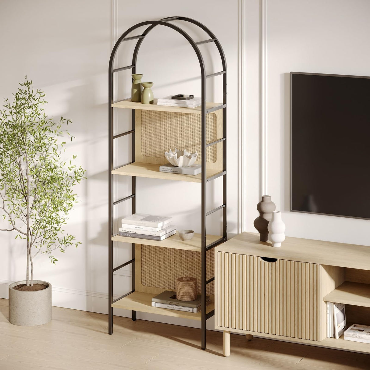 Stead 4-Tiered Arched Book Shelf - Light Oak & Natural Rattan, Metal Frame - Industrial Arched Bookcase & Fluted Bookshelf Stead