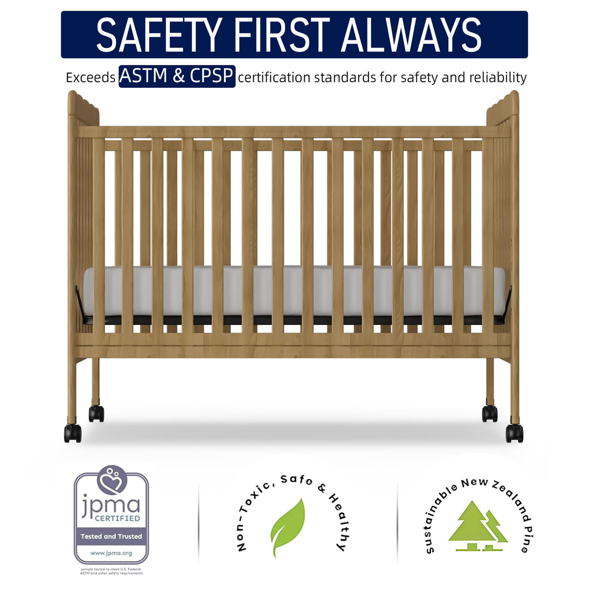 Saylike Baby Crib, 3-in-1 Convertible Crib Wood Full Size Toddler Bed with Locking Wheels for Nursery Furniture, Non-Toxic Finish (Natural) Saylike