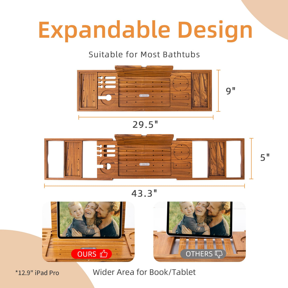 Flyjoe Luxury Teak Bathtub Tray - Foldable Bath Caddy with Expandable Handles, Wine Glass & Phone Holder, Book Stand - Enhance Home Spa Experience with Natural Material - Relaxing & Reading FLYJOE