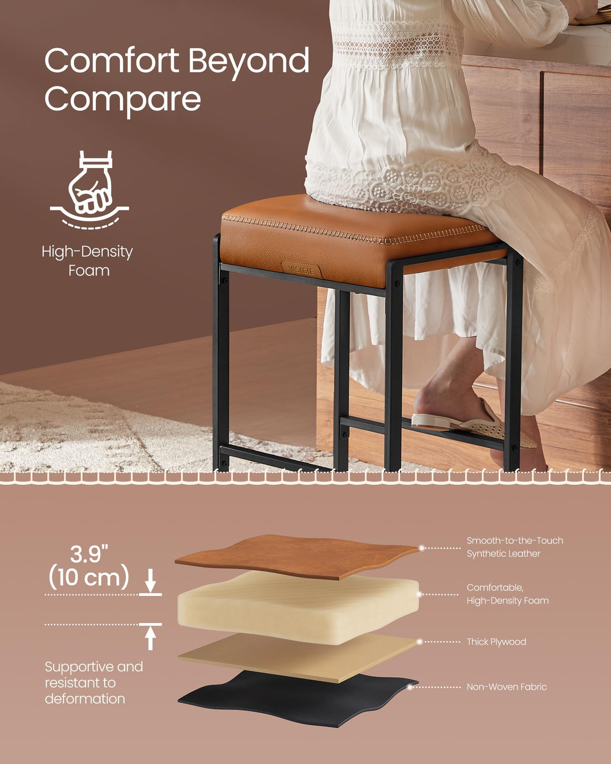 VASAGLE EKHO Collection - Bar Stools Set of 2, Counter Height Bar Stools, Synthetic Leather with Stitching, Mid-Century Modern Counter Stools, 26-Inch Tall, Kichen Home Bar Dining Room, Caramel Brown VASAGLE