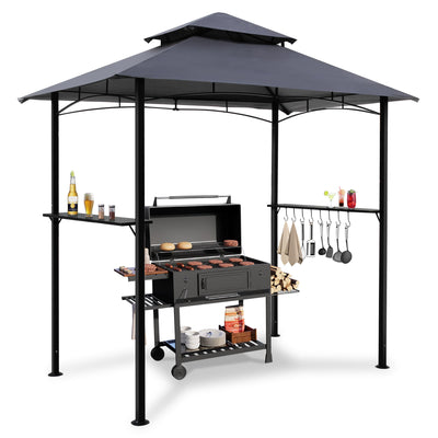 Raysfung 8'x 5' Grill Gazebo Canopy, Outdoor BBQ Gazebo with Led Light, Barbeque Gazebo Shelter for Patio (Grey)