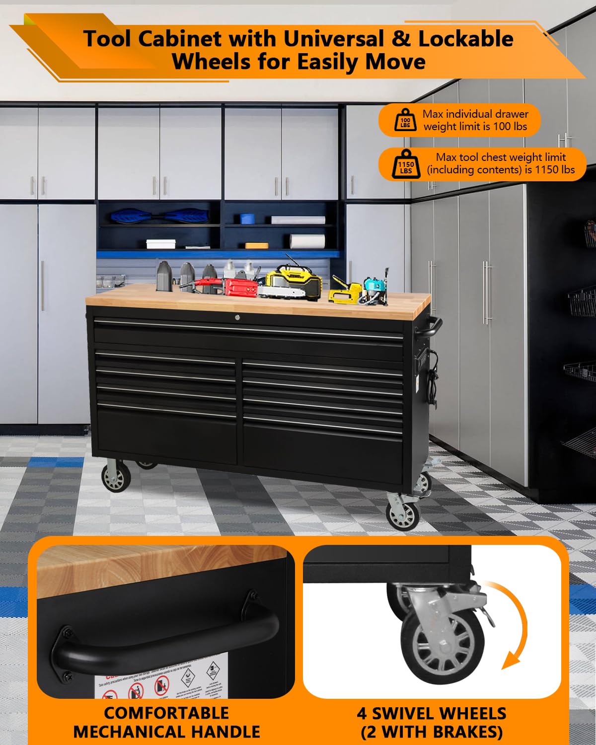 ExploreHorizon 61" Rolling Tool Chest with Rubber Wood Top - 9-Drawer Mobile Workbench, Lockable Metal Storage Cabinet with 4 Heavy-Duty Wheels for Garage Workshops, Black ExploreHorizon