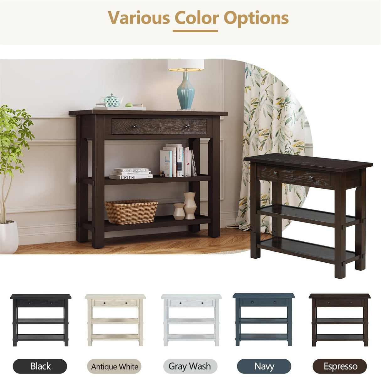 Polibi 36" Retro Console Table with Storage Drawer and 2-Tier Shelves, Rubber Wood Sofa Table for Living Room, Entryway, Hallway, Espresso Polibi