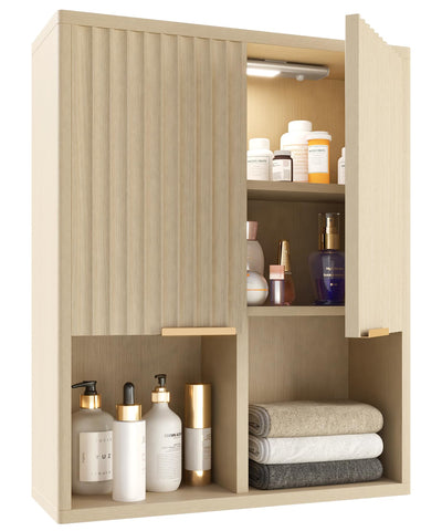 HAIOOU Fluted Bathroom Wall Cabinet with Motion Sensor Light, Curved Profile Wooden Medicine Cabinet Wall Mounted Cupboard, Wave Like Over Toilet Storage Cabinet with Buffering Hinges - Natural