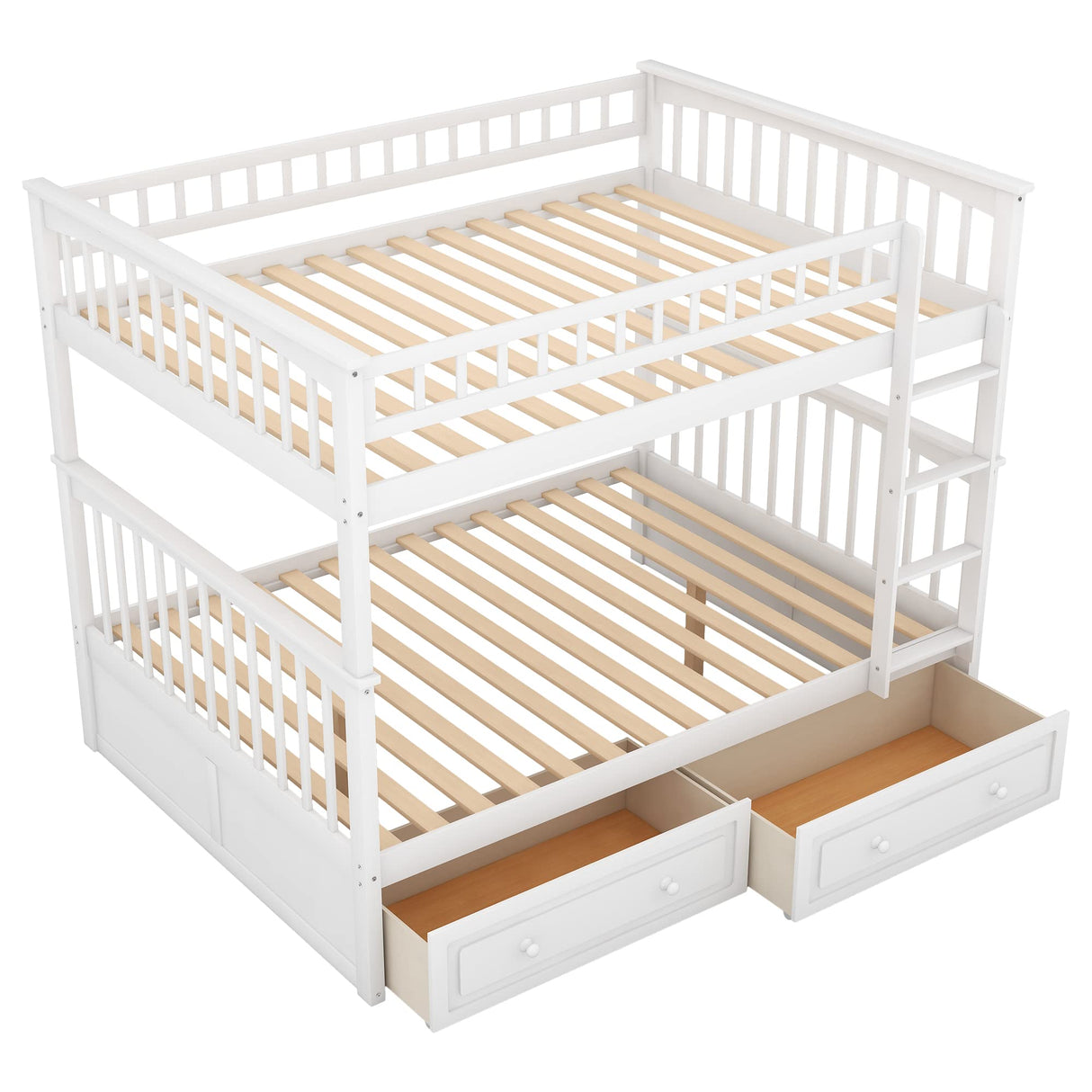 JYH Full Over Full Bunk Bed with 2 Storage Drawers, Durable Wood Bunk Bed Frame with Safety Guardrails and Ladder, Convertible Bed with Headboard and Footboard, Space-Saving Design, White JYH