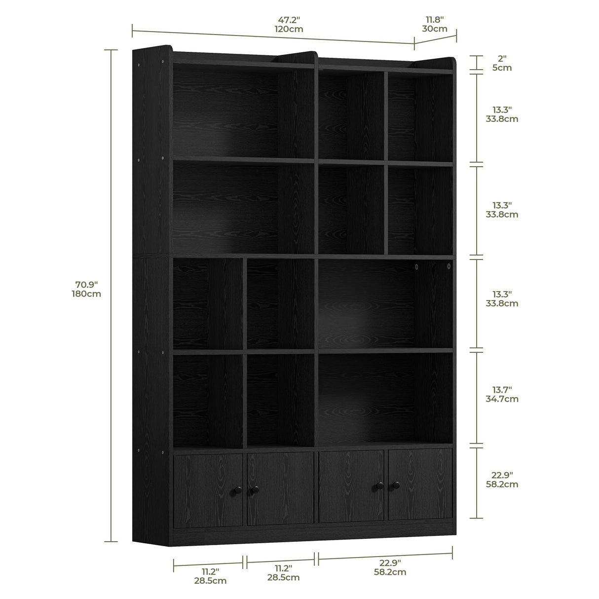 IRONCK Bookshelves and Bookcase, 6 Tiers Large Bookshelf with 4 Doors, Floor Standing Tall Display Storage Shelves for Home Office, Living Room, Bedroom, Black IRONCK