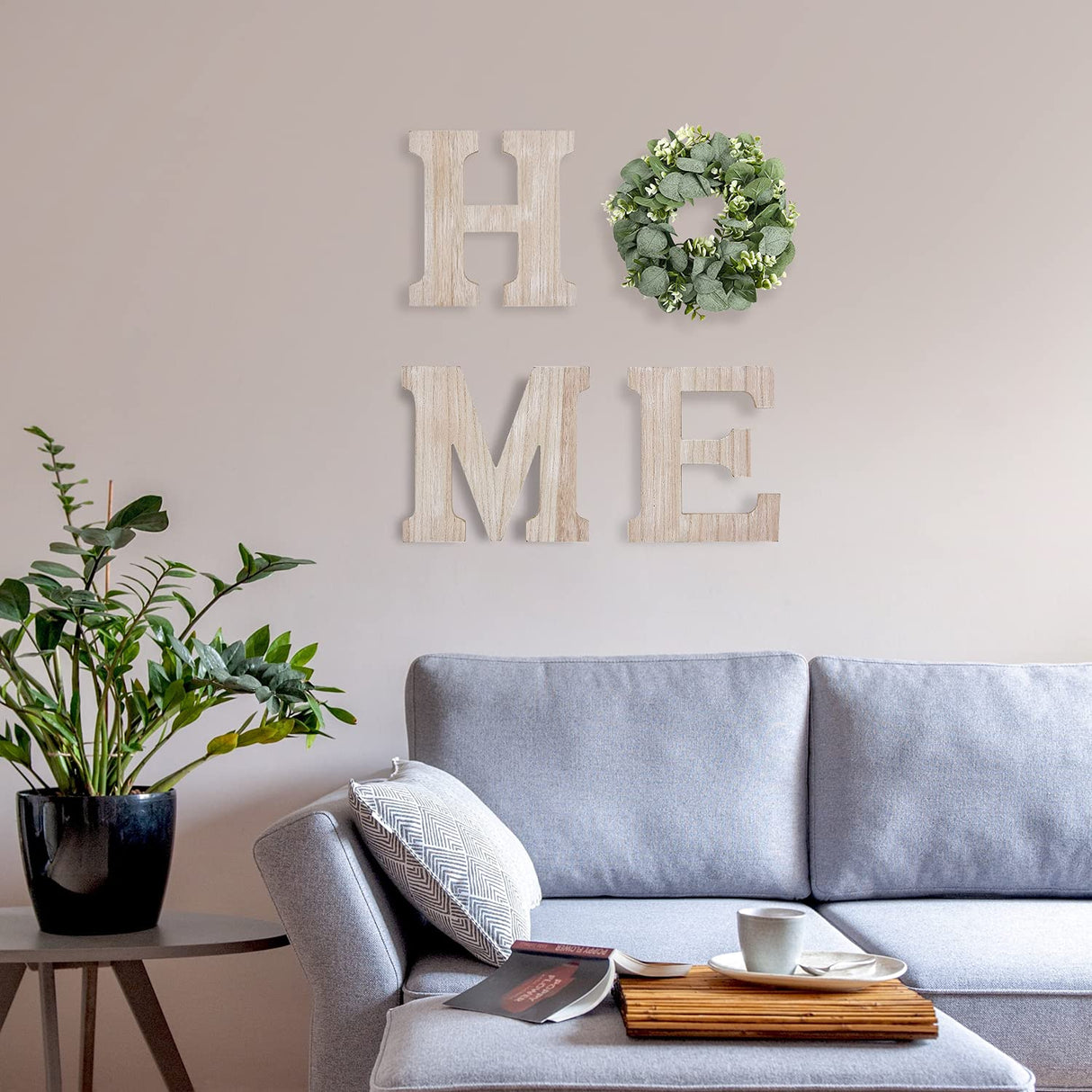 Wooden Home Sign Wall Hanging Decor Wood Home Letters for Wall Art with Artificial Eucalyptus Wreath Rustic Home Decor Farmhouse, Wall Decor for Living Room Entryway Housewarming Gift (Natural) Pinkpum