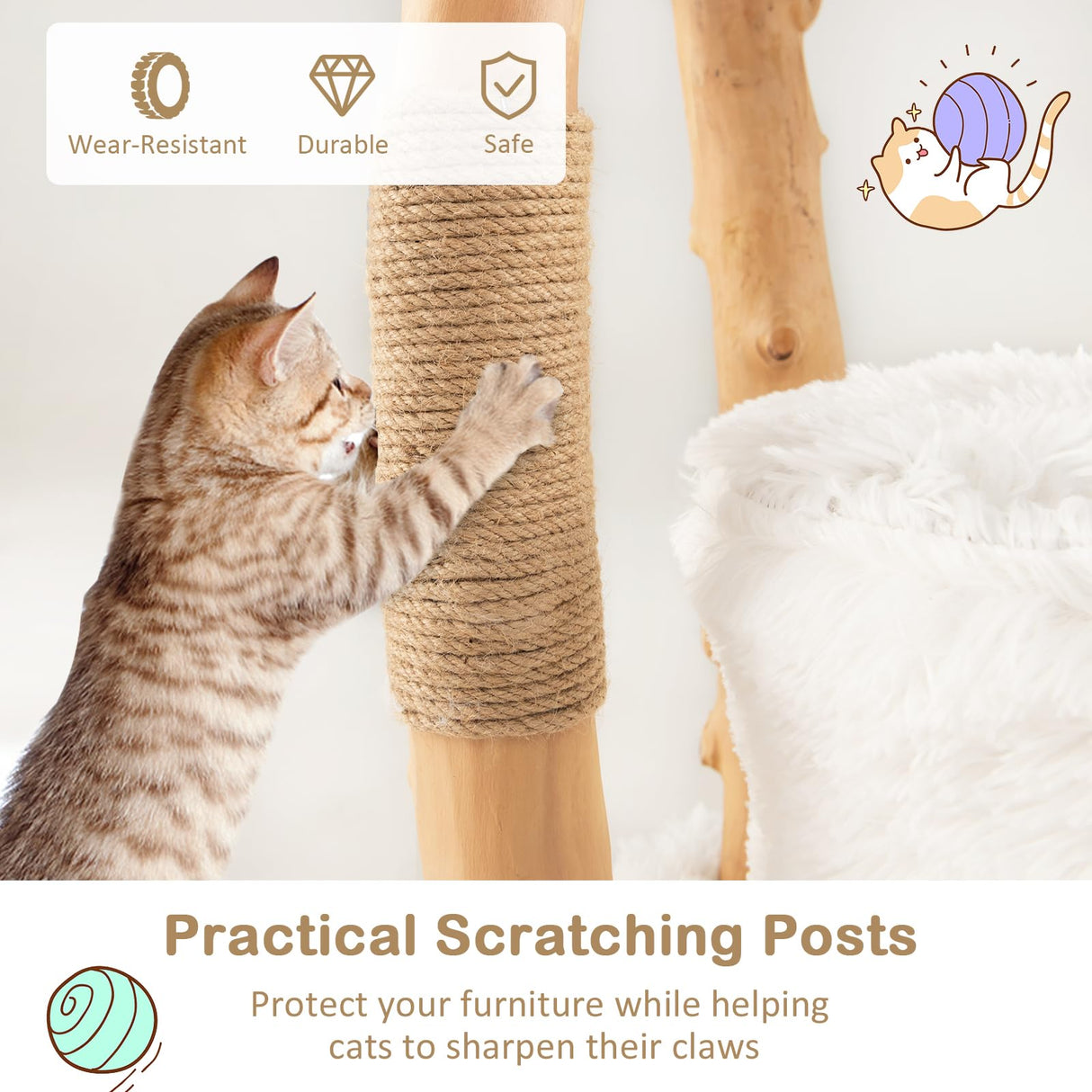 PETSITE 49" Tall Wooden Cat Tree, Solid Wood Cat Tower with Jute Scratching Posts, Cat Condo, Cattail Fluff Top Perch, Multi-Layer Cat Activity Center, Modern Cat Climbing Furniture for Indoor Cats PETSITE