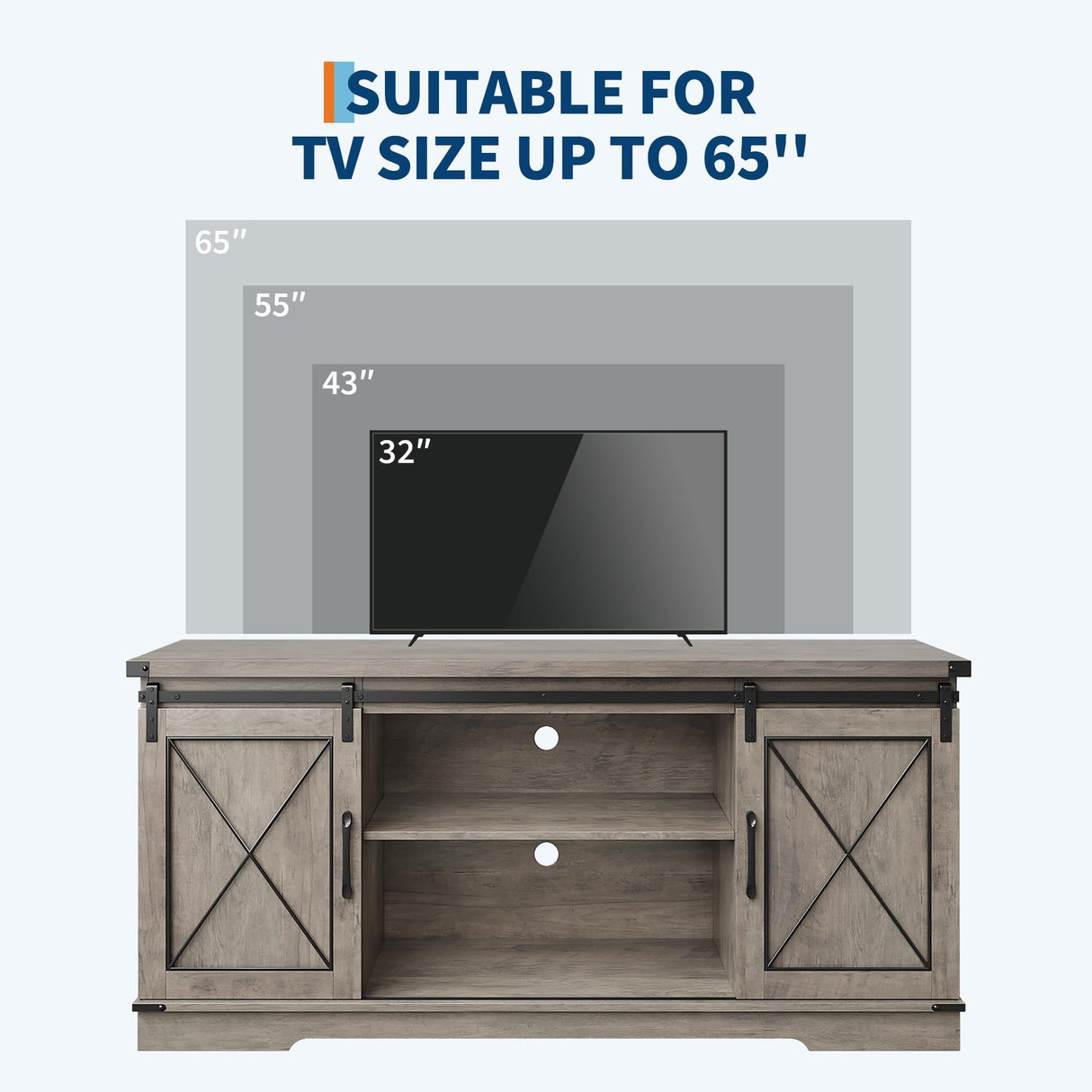 Farmhouse TV Stand for TVs Up to 65", Rustic Entertainment Center with Sliding Barn Doors, Storage Cabinets & Adjustable Shelf, Media Console for Living Room, Bedroom, Grey GAOMON