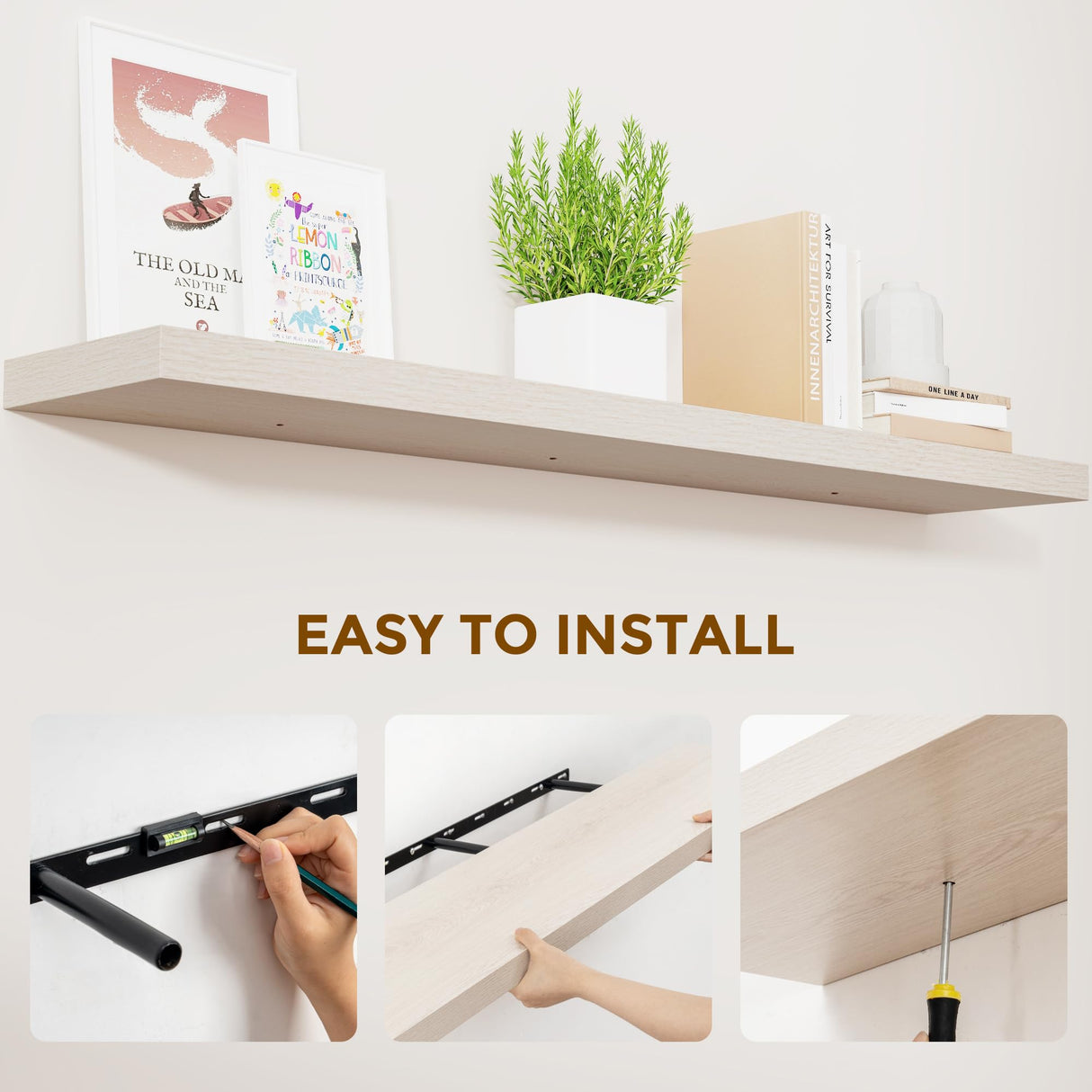 55 Inch Brich Floating Shelves, 9.3 Inch Deep Wall Mounted Floating Shelf, 55 x 9.3 Large Storage Wall Shelf for Living Room, Floating TV Stand, Farmhouse Rustic 55" Long Fireplace Mantel Fun Memories