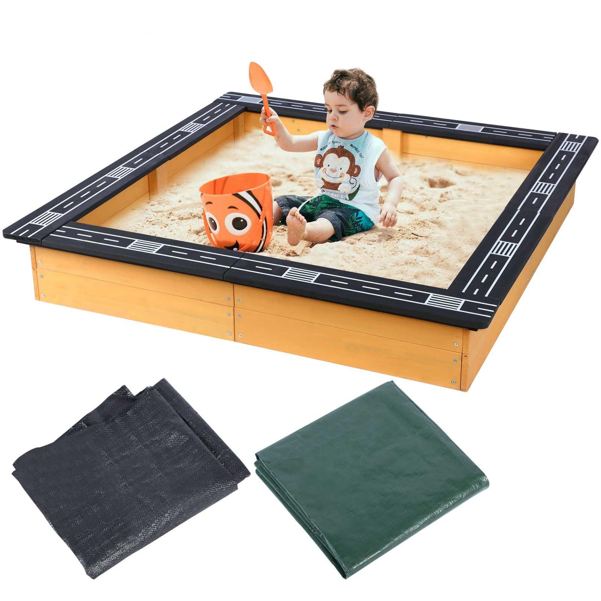 FAHKNS Wooden Sandbox for Backyard,DIY Raceable Race Track Seats,Sand Protection, Bottom Liner for Outdoor Recreation, Toy Storage, Flower Gardening.(47x 38in ) FAHKNS
