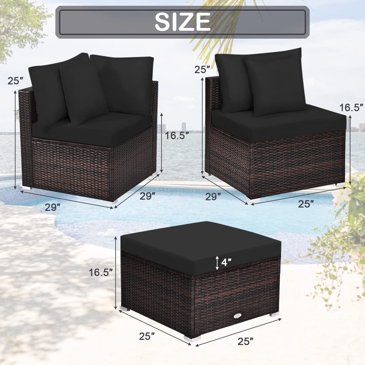Tangkula 4 PCS Patio Rattan Sofa Set, Outdoor Wicker Sectional Furniture Set, Patio Conversation Set with Removable Cushions & Pillows for Backyard Porch Garden Poolside Balcony (Black) Tangkula