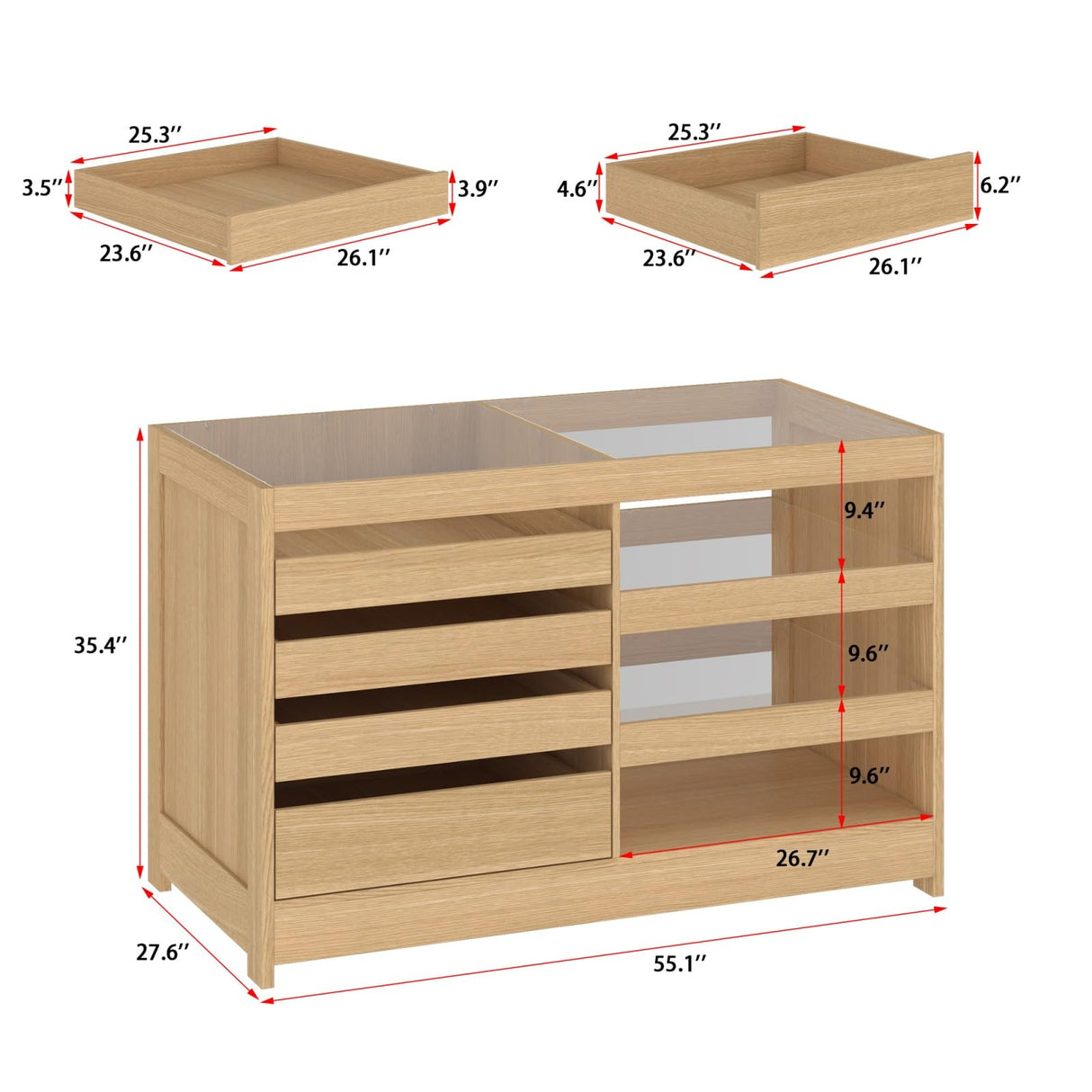 FAMAPY Walk in Closet Island with 4 Drawers, Bedroom Armoire Island with Glass Top, Glass Wardrobe Closet with Drawers & Shelves, Display Case for Dressing Room Cloakroom Oak, 27.6”D x 55.1”W x 35.4”H FAMAPY