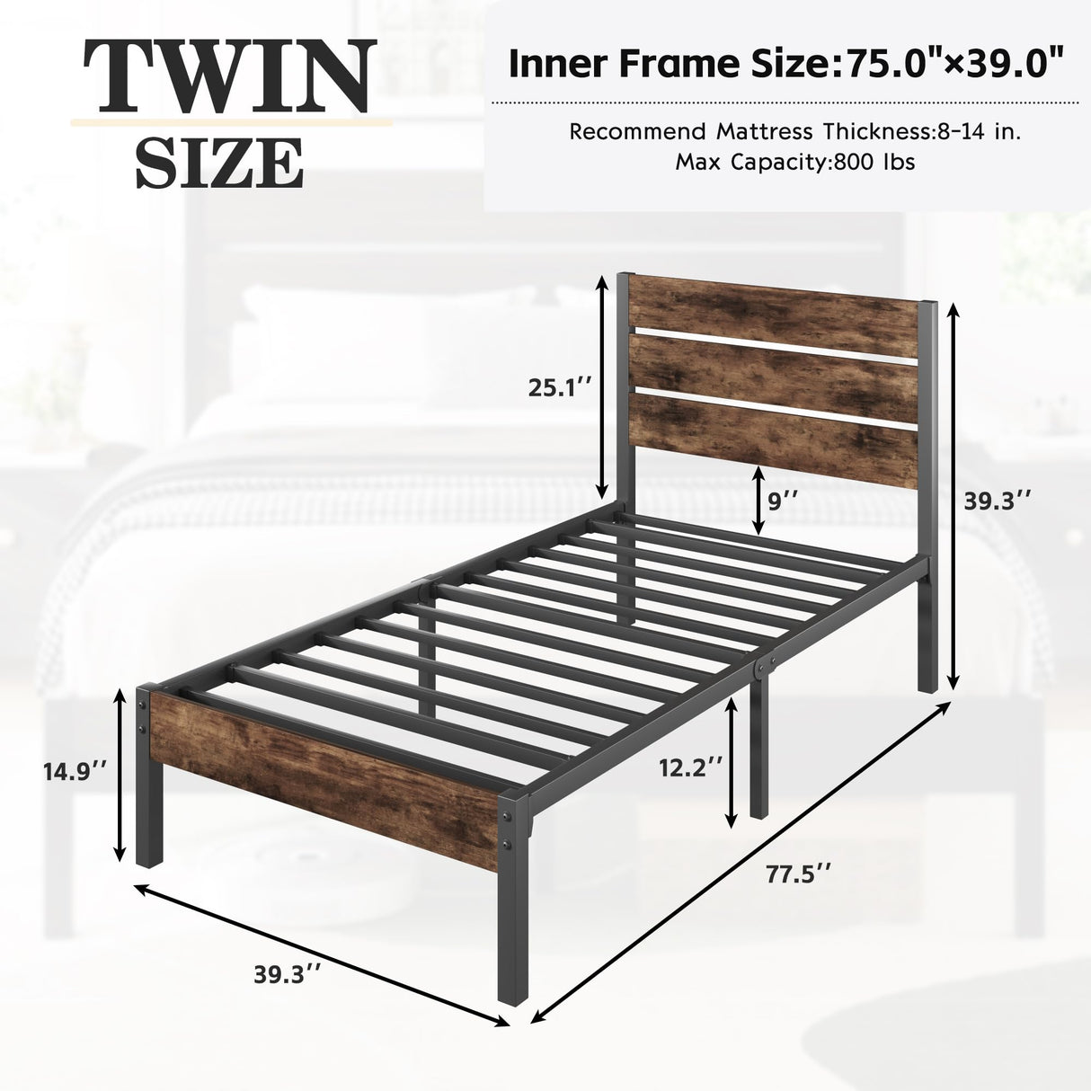 Lifezone Twin Bed Frame with Headboard and Footboard, Metal Twin Bed Frame with Under-Bed Storage, All-Metal Support System, No Box Spring Needed, Easily Assemble, Vintage Brown Lifezone