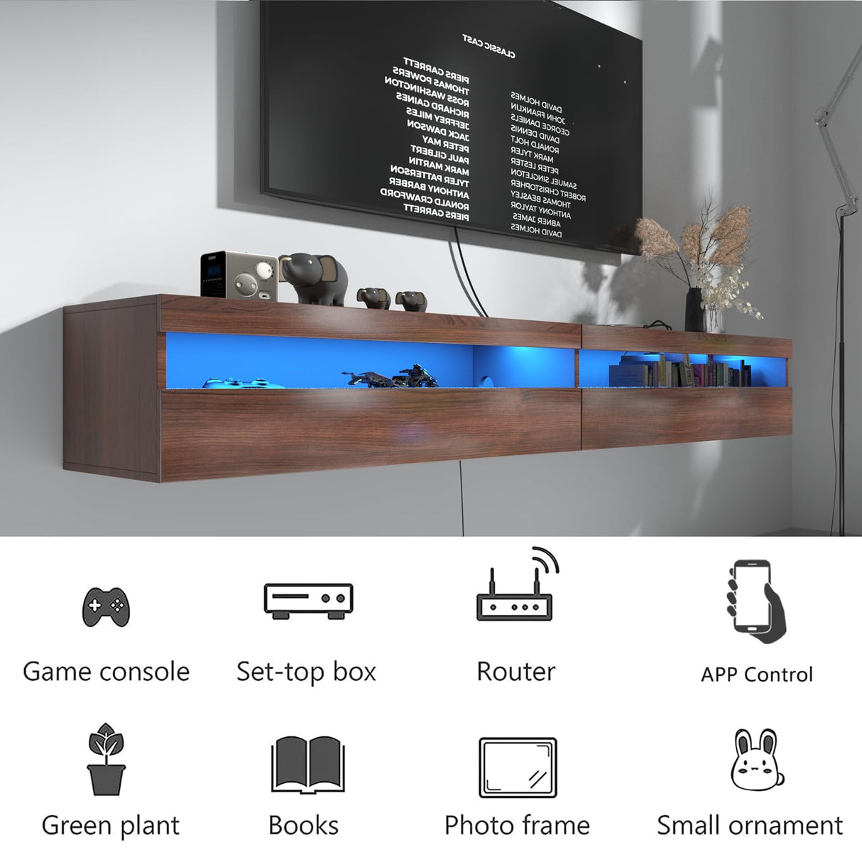 EXQUAL Floating TV Stand, Wall Mounted TV Shelf with Led Lights & Power Outlet, 71" Modern Entertainment Center Media Console with Storage, High Gloss TV Cabinet for 65/75/80 inch TV EXQUAL