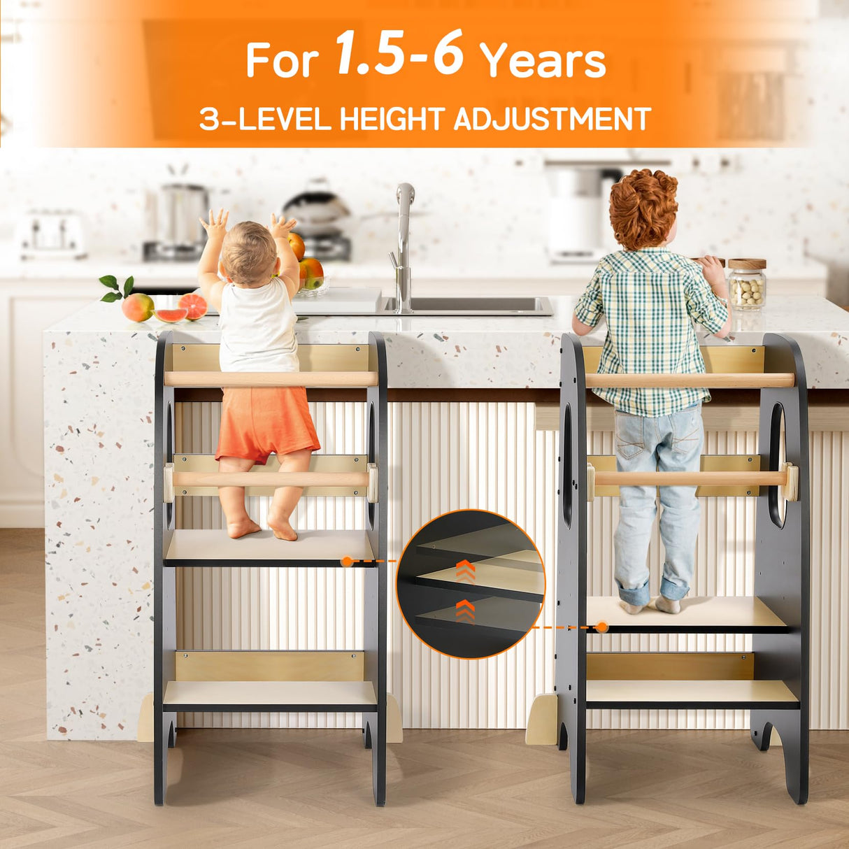 Ezebaby Toddler Kitchen Stool Helper Toddler Standing Tower Kids Kitchen Step Stool, Adjustable Toddler Tower Kitchen Stool Helper Toddler Step Stool for Kitchen with Non-Slip Feet-Black Ezebaby