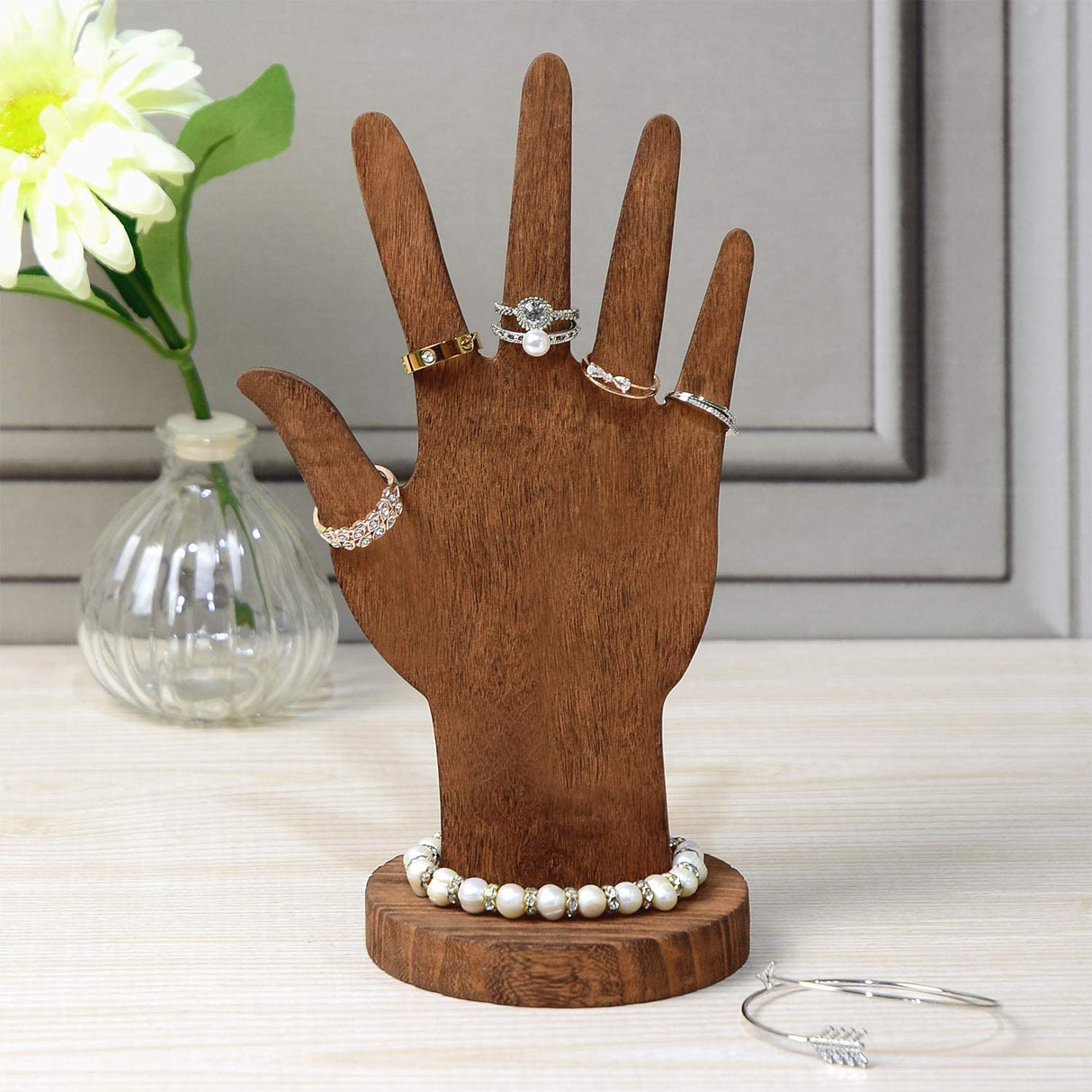 MOOCA 6 Pcs Set Real Wooden Hand Form Jewelry Display, 2-Way Design for Wall Hanging or Standalone Mannequin Finger Hand Display, Premium Real Wood Sturdy Base, Brown Color MOOCA