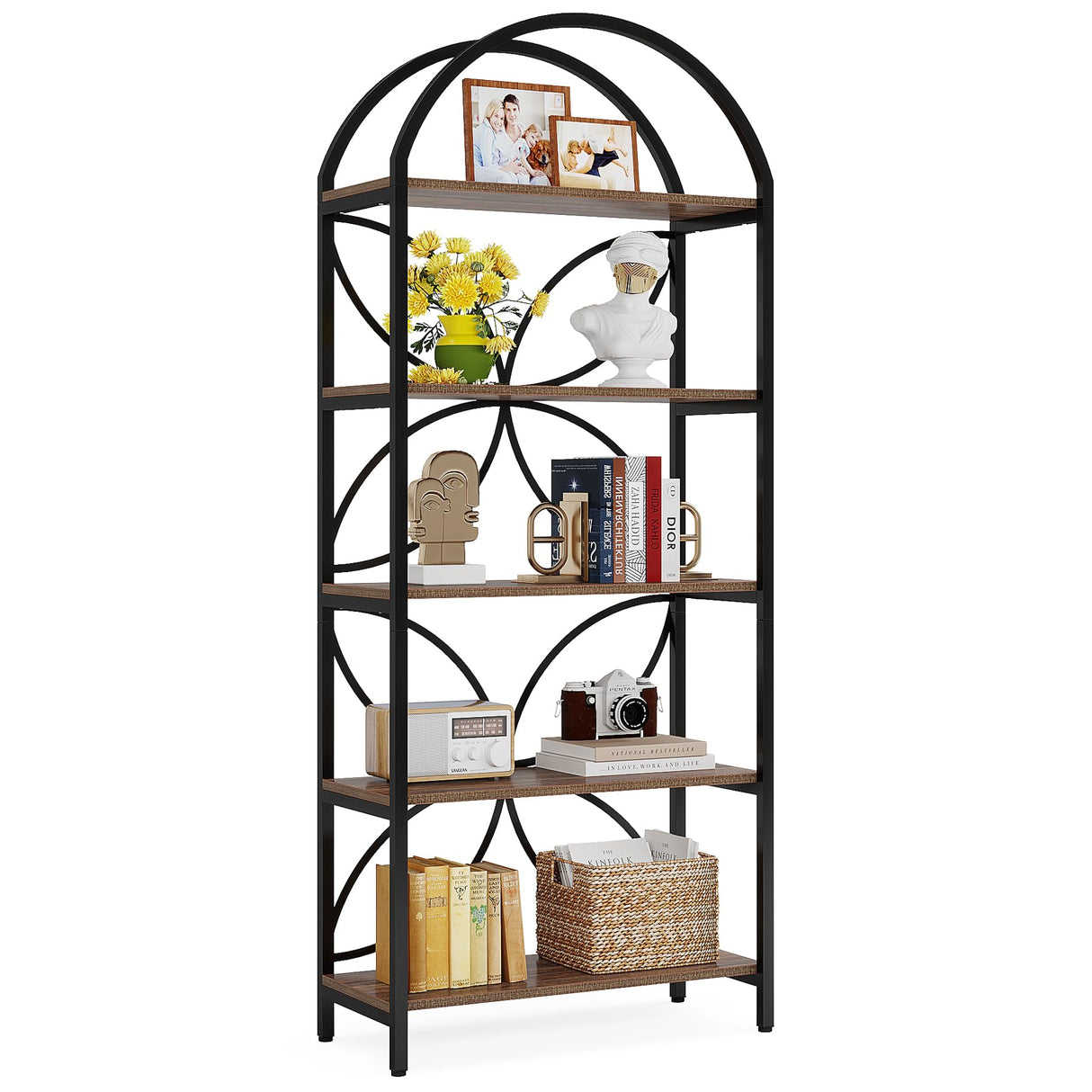 Tribesigns 5-Tier Bookshelf, 75 Inch Tall Arched Bookcase Shelf Storage Organizer, Industrial Book Rack With Metal Frame, Open Standing Display Rack for Bedroom, Living Room, Home Office, Rustic Brown Tribesigns