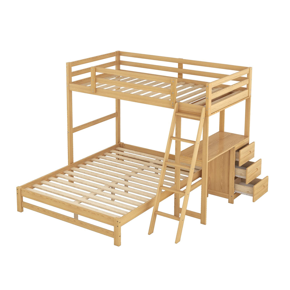 Bellemave Twin Over Full Bunk Bed with Desk and Storage Drawers Wood Convertible Loft Beds Can Be Separated into 2 Kids Bunked Frame for Girls Boys Teens, Natural Bellemave