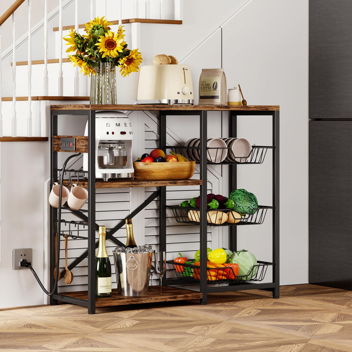 Homeiju Kitchen Island, Baker's Rack with Power Outlet, Microwave Stand, Coffee Bar with 3 Removable Wire Baskets, Kitchen Storage Rack with 6 S-Hooks for Spices, Pots and Pans - Rustic Brown Homeiju