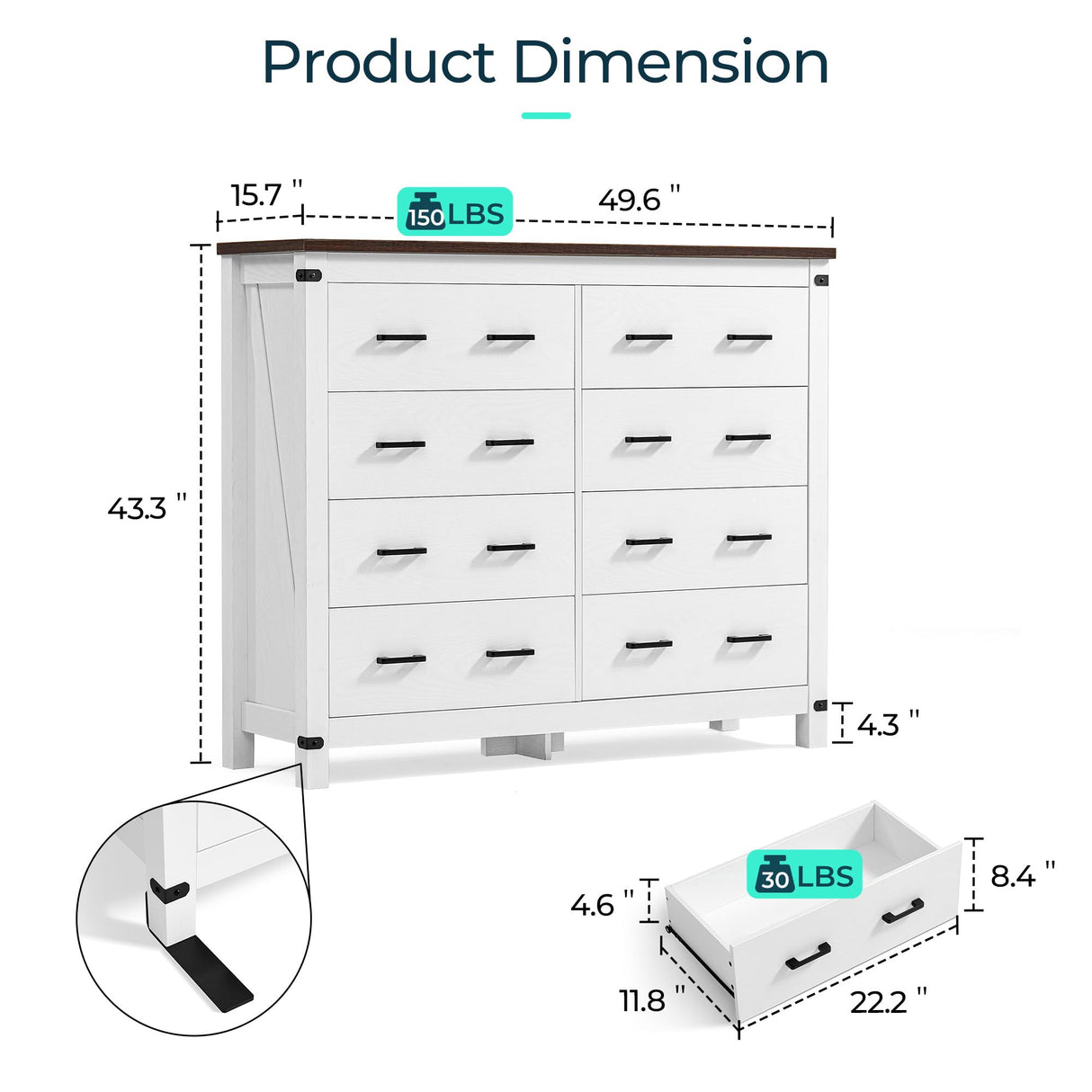 LINSY HOME Farmhouse 8 Drawer Double Dresser for Bedroom, 50” Wide Rustic Wood Chest with Deep Drawers, Modern Dressers with Storage and Metal Handles for Closet, Living Room, Hallway, Off White LINSY HOME