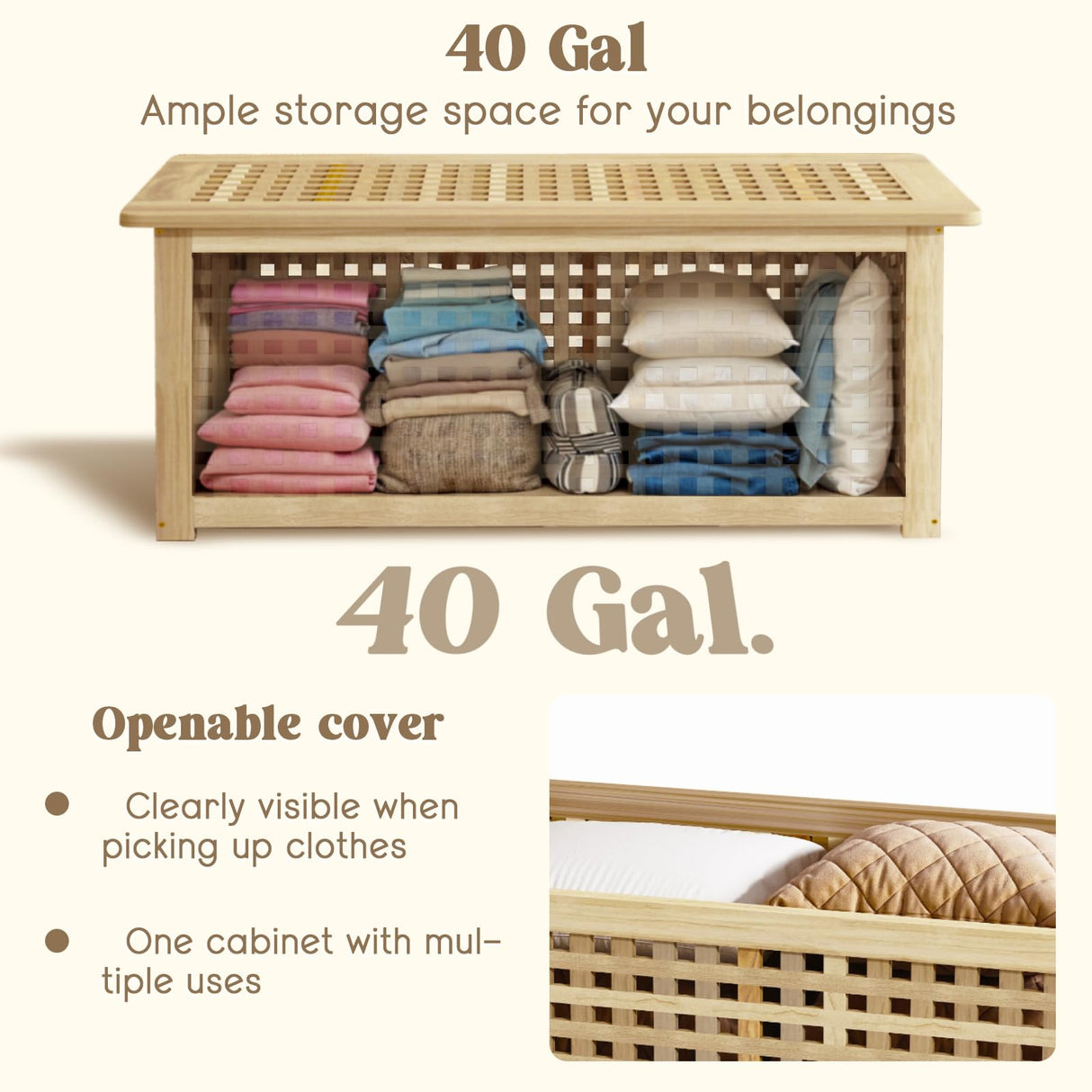 Gashell Bench with Storage, Acacia Laundry Hamper with Seat, Storage Benches with Seating for Entryway, Living Room, Bedroom, Bathroom (15.7x38.6x17.7in) Gashell