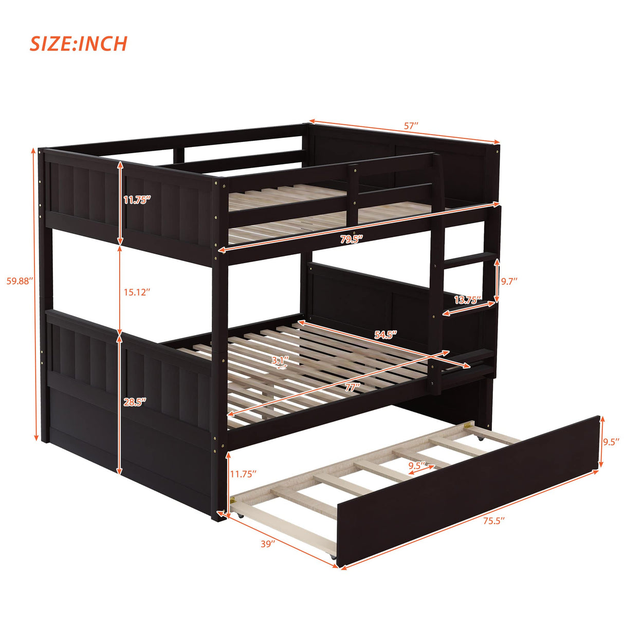 Merax Bunk Bed with Trundle, Full-Over-Full Wood Bed Frame No Box Spring Needed for Kids, Boys or Girls, Espresso Merax
