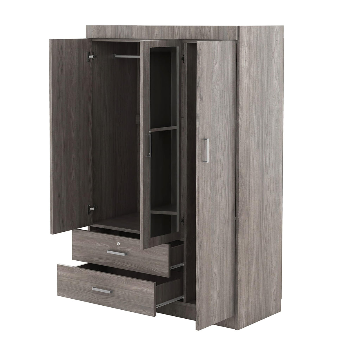 68.2" H Wardrobe Armoire Closet with Mirror, Modern Freestanding Wooden Closet Wardrobe Cabinet with 3 Doors and Locking Drawers, Bedroom Armoires with Shelves and Hanging Rod, Gray cloblane