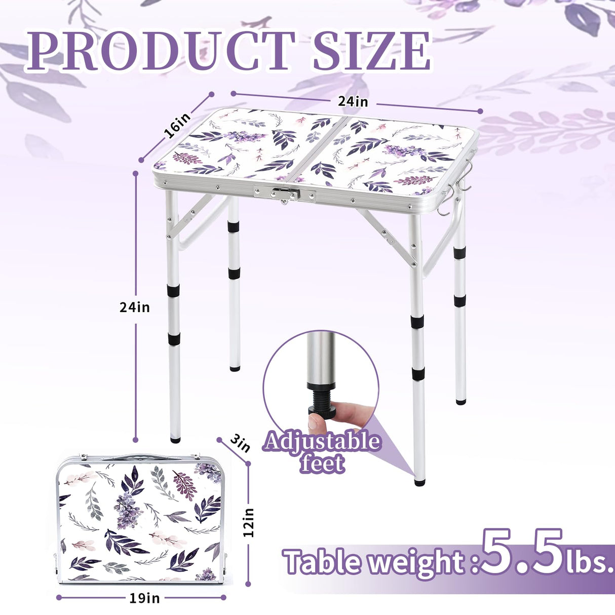 Yriuat Folding Camping Table 2ft Portable Pinic Table Adjustable Height Table Small Card Table Aluminum Foldable Lightweight with Carry Handle for Outdoor Indoor Hiking Camp BBQ Beach (Misty Lilac) Yriuat