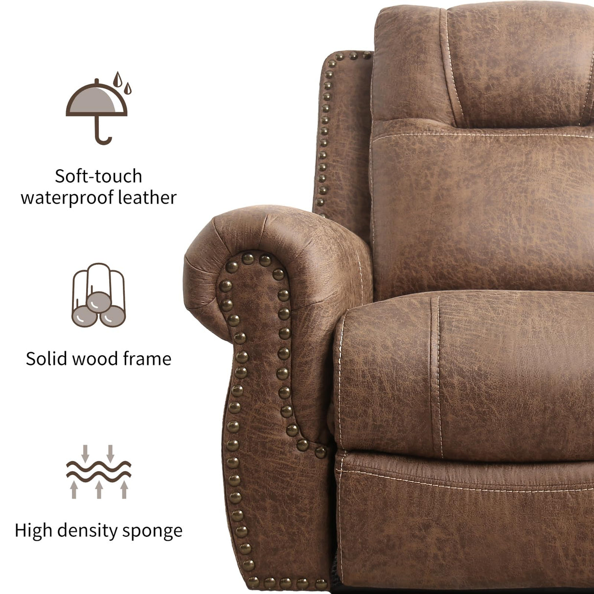 CANMOV Power Recliner Chair for Adults,Faux Leather Electric Reclining Chair with Overstuffed Arm and Back,Classic Power Recliner Single Sofa with Rivet Decoration, USB Port for Living Room,Nut Brown CANMOV